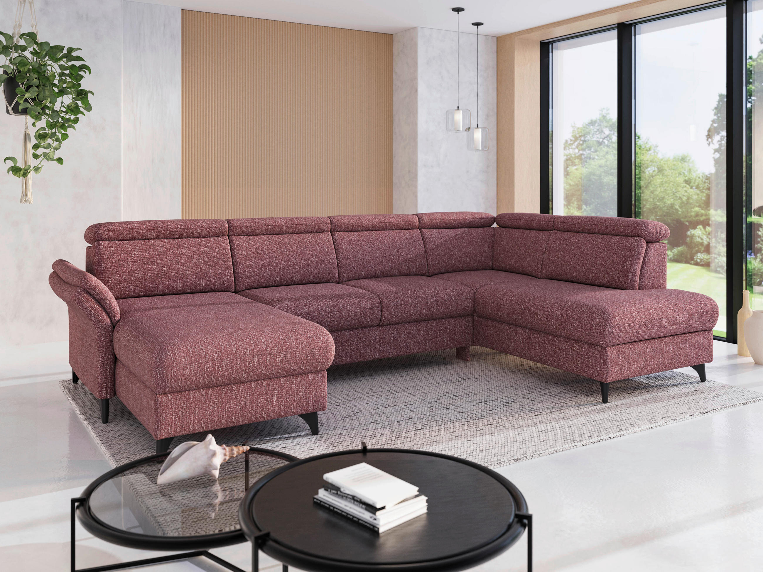 WOHNLANDSCHAFT GLENDALE E Aubergine Chenille  - Aubergine/Schwarz, KONVENTIONELL, Textil/Metall (166/321/193cm) - Sit & More
