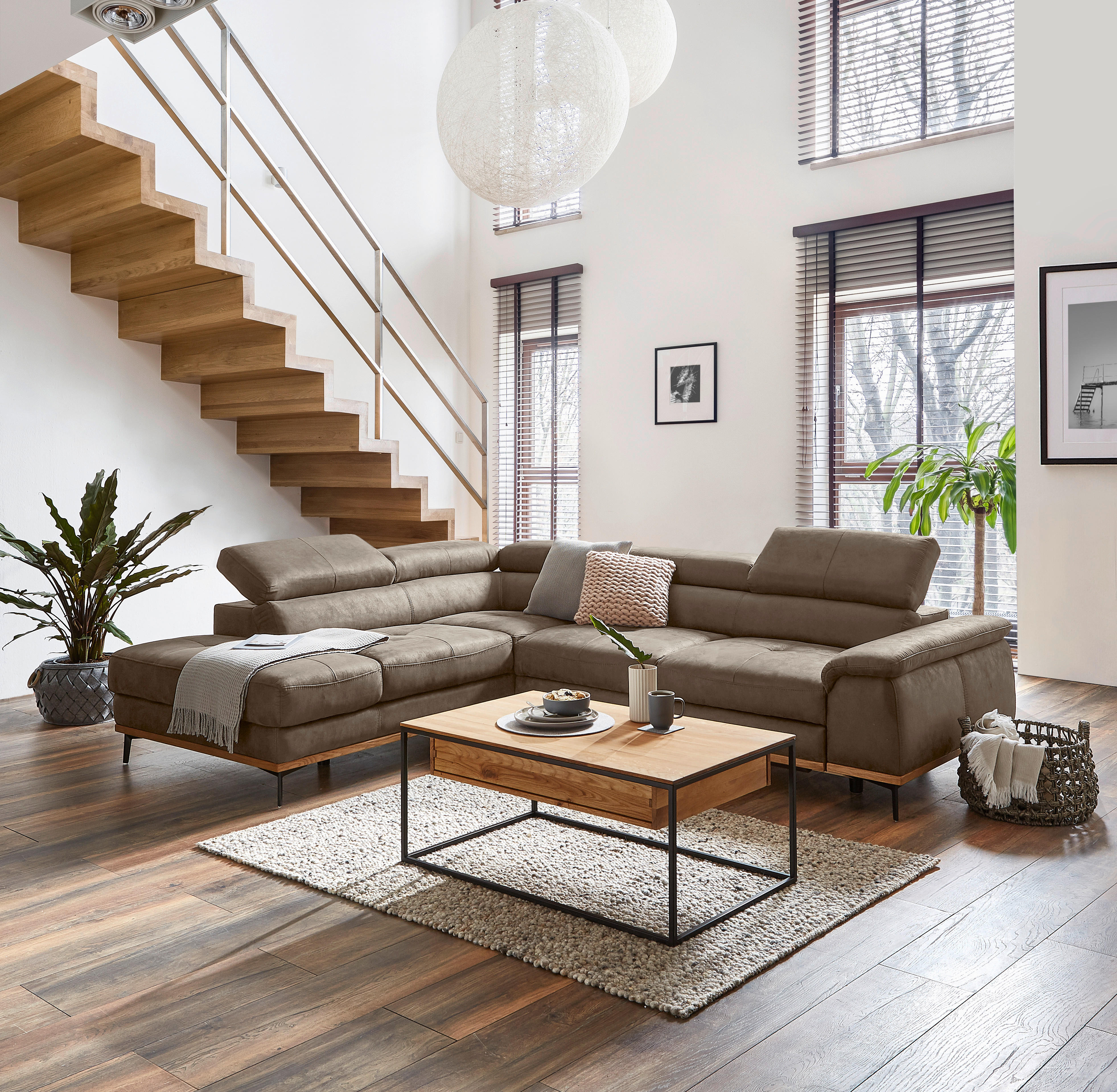 ECKSOFA in Lederlook Braun  - Schwarz/Braun, Natur, Holz/Textil (226/282cm) - Novel