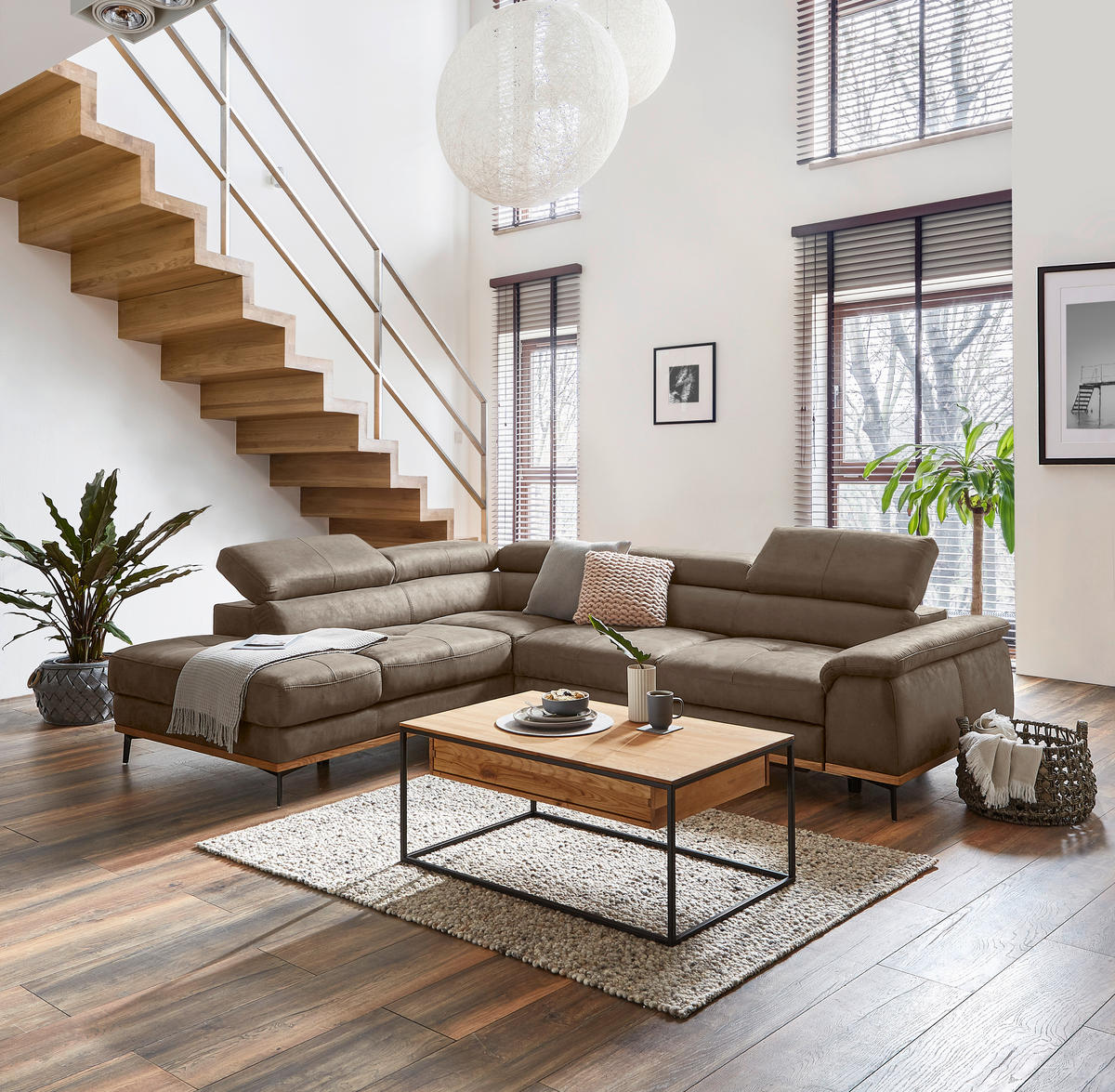 ECKSOFA in Lederlook Braun  - Schwarz/Braun, Natur, Holz/Textil (226/282cm) - Novel