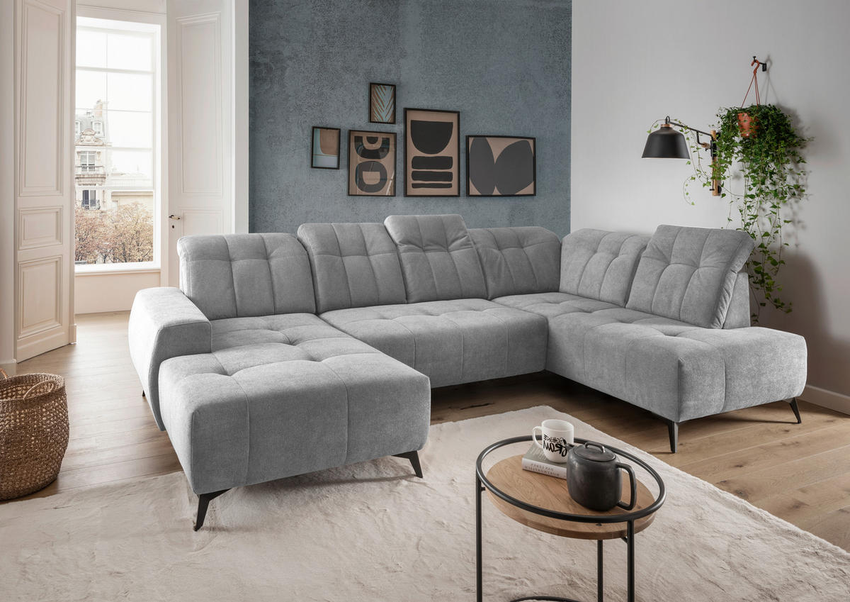 WOHNLANDSCHAFT SANO Silberfarben Chenille  - Silberfarben/Schwarz, MODERN, Textil/Metall (200/337/180cm) - Livetastic