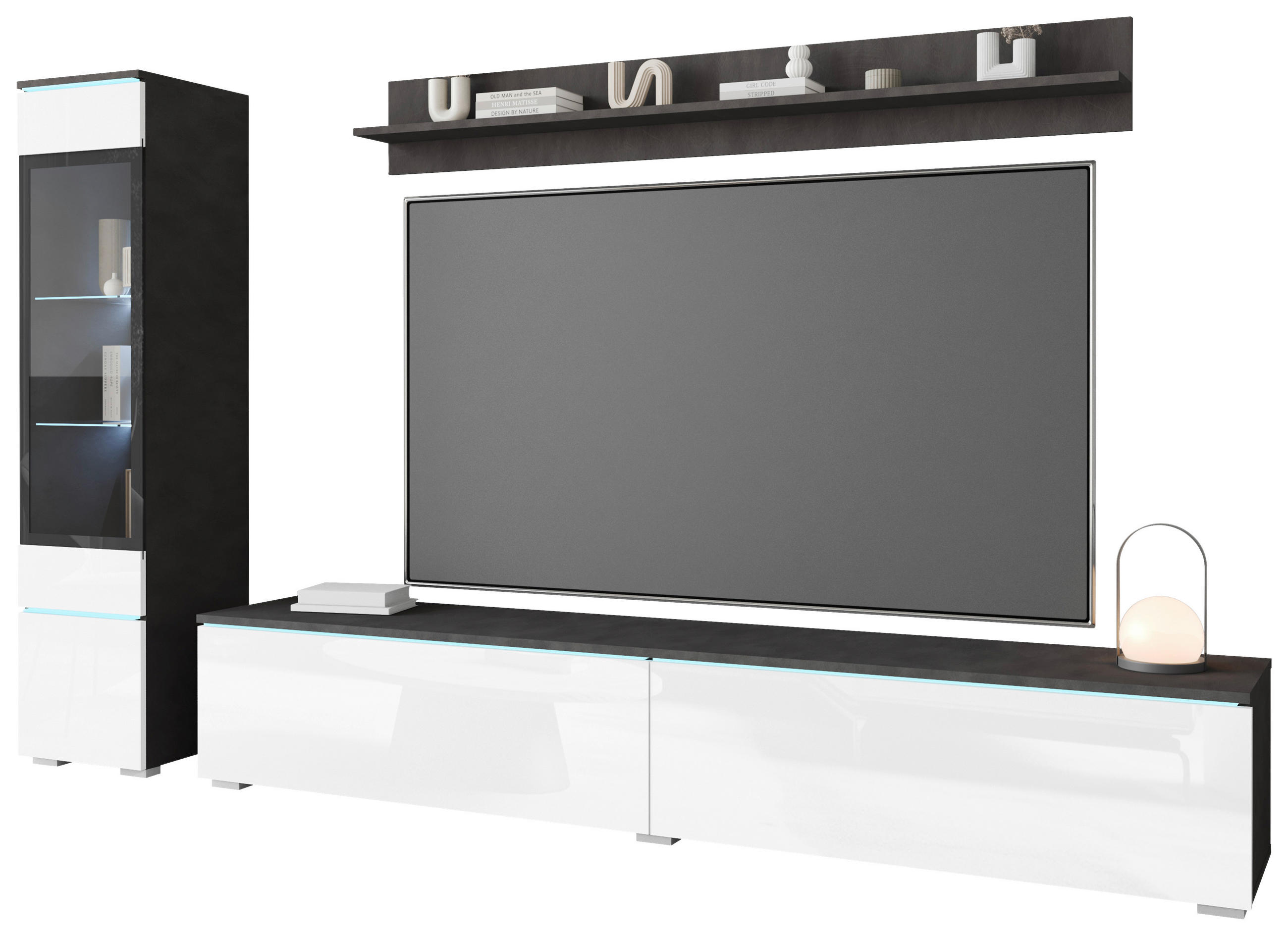 WOHNWAND Vera 3-teilig  in Anthrazit, Weiß Hochglanz  210/130/33 cm  - Weiß Hochglanz/Anthrazit, Basics, Glas/Holzwerkstoff (210/130/33cm) - P & B