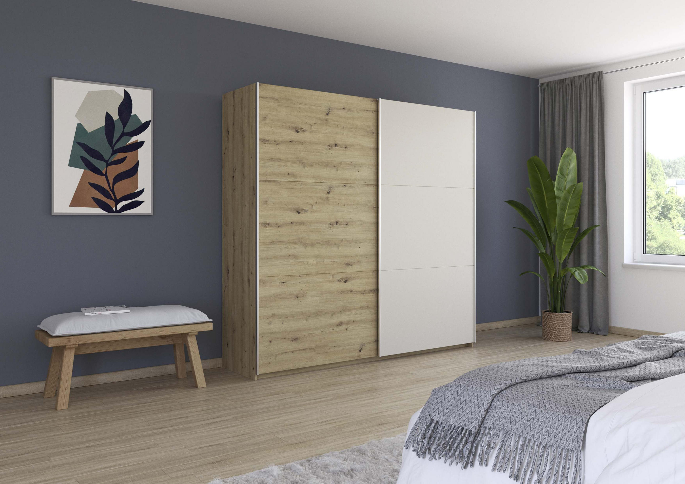 SCHWEBETÜRENSCHRANK in Champagner, Eiche Artisan  - Champagner/Alufarben, Design, Holzwerkstoff/Metall (218/210/59cm) - Boxxx