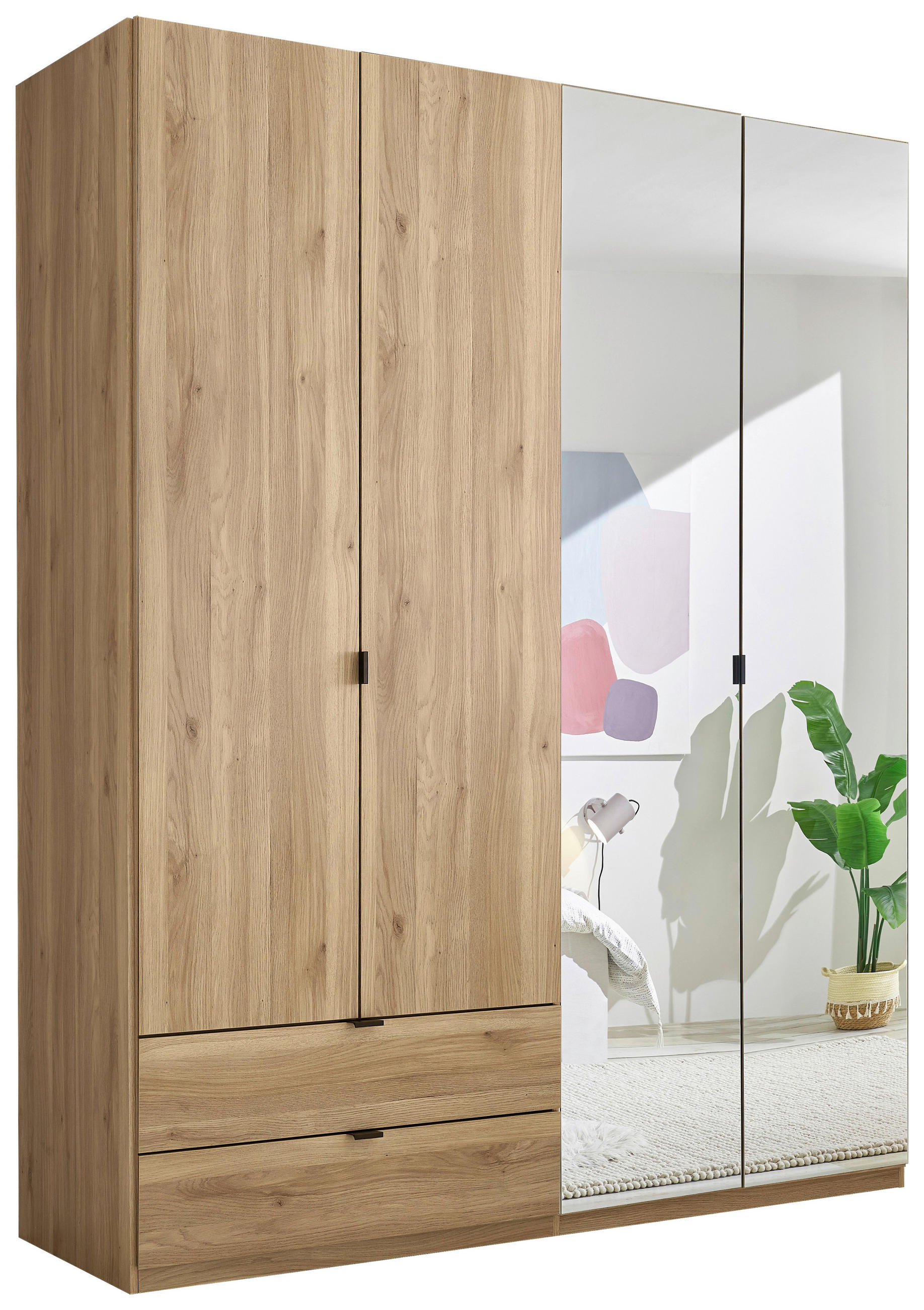 DREHTÜRENSCHRANK 180/225,5/57 cm 4-türig Eichefarben  - Eichefarben/Schwarz, KONVENTIONELL, Glas/Holzwerkstoff (180/225,5/57cm) - Xora