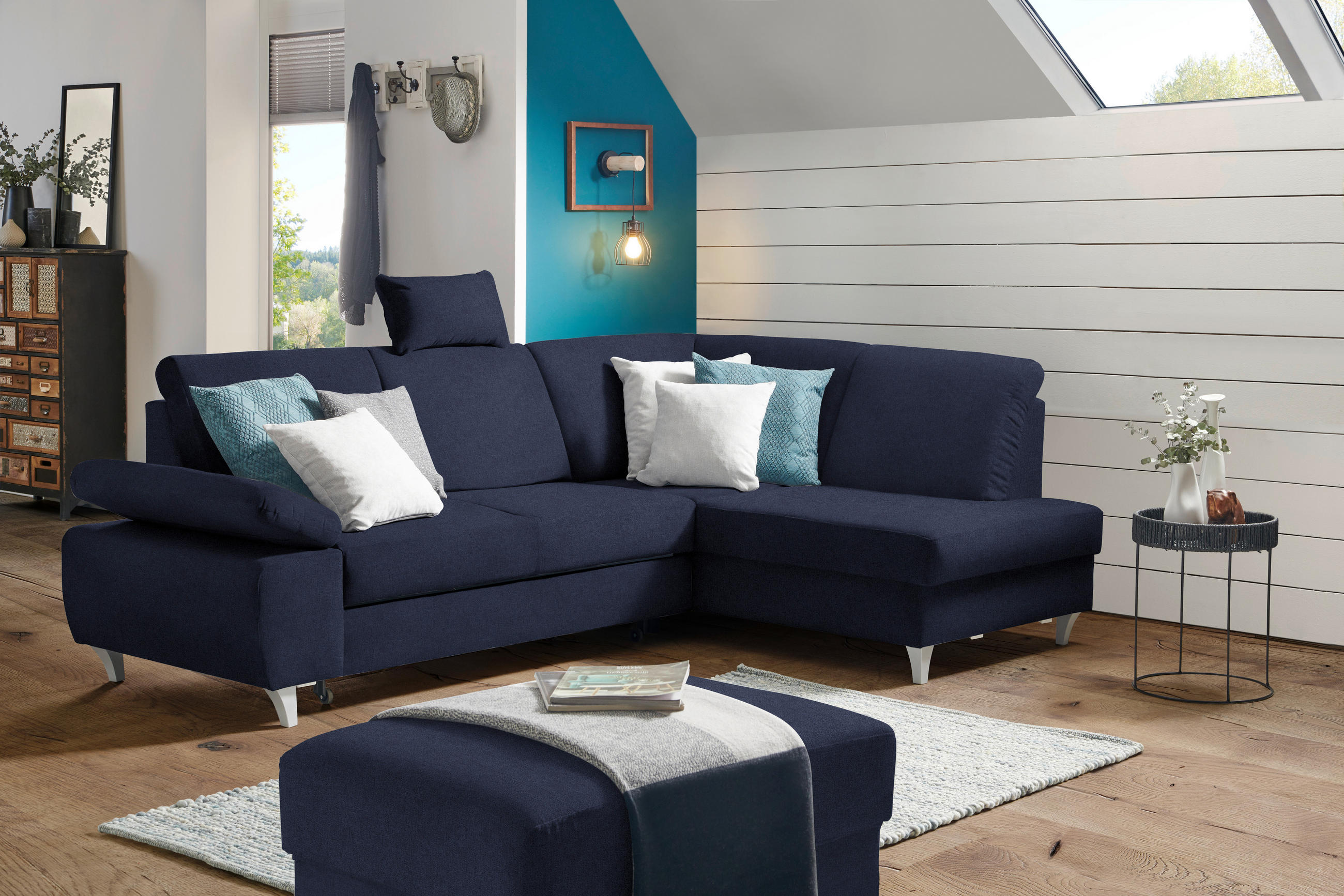 ECKSOFA in Flachgewebe Dunkelblau  - Silberfarben/Dunkelblau, Konventionell, Holz/Textil (255/186cm) - Cantus