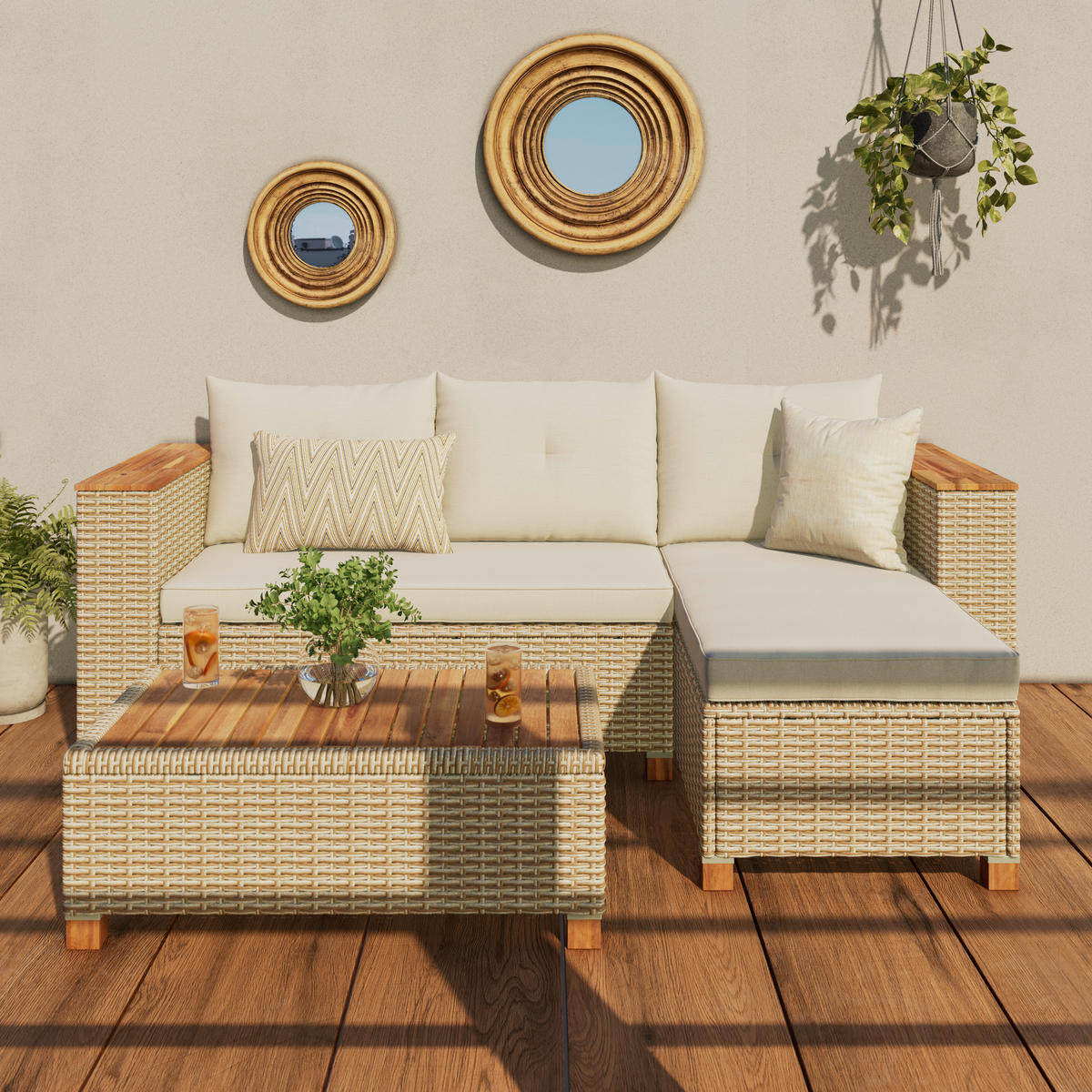 GARTENSET 3-teilig Webstoff Akaziemassiv Stahl 3-teilig  - Beige/Akaziefarben, MODERN, Holz/Kunststoff (118/184cm) - Ambia Garden