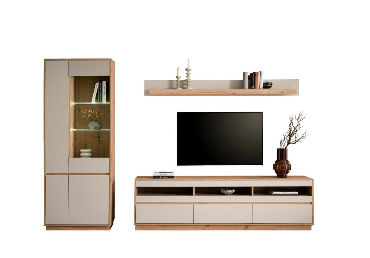 WOHNWAND 3-teilig  in Eiche Artisan  292/205/40 cm  - Kaschmir/Eiche Artisan, Design, Glas/Holzwerkstoff (292/205/40cm) - MID.YOU