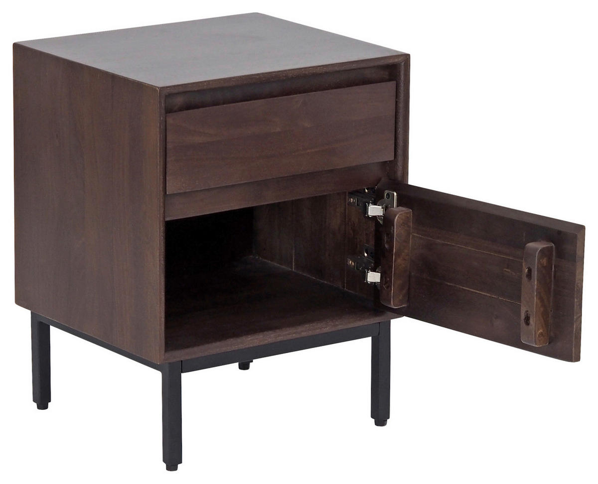 ÉJJELISZEKRÉNY keményfa mangófa diószínű  - fekete/diószínű, Modern, fa/fém (40/50/35cm) - MID.YOU