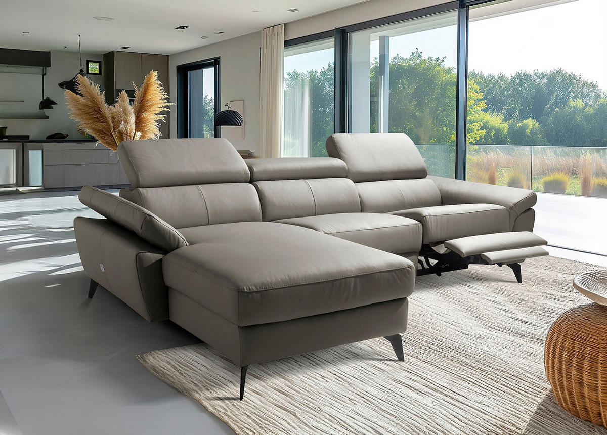 ECKSOFA SONO in Lederlook Echtleder Schlammfarben Armteilverstellung, Kopfteilverstellung  179/252 cm  - Schlammfarben/Schwarz, Design, Leder/Textil (179/252cm) - Livetastic