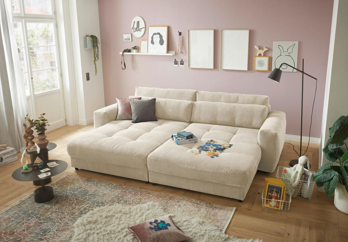 BIGSOFA Cord Creme  - Creme/Schwarz, KONVENTIONELL, Kunststoff/Textil (292/90/194cm) - MID.YOU