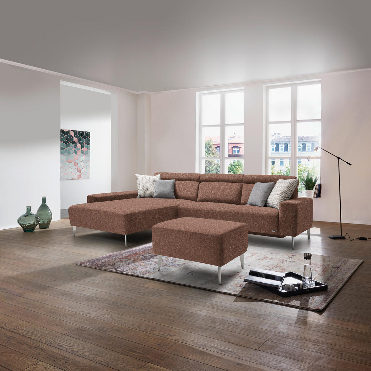 ECKSOFA  in Mikrovelours Terracotta  205/308 cm  - Terracotta/Alufarben, Design, Textil/Metall (205/308cm) - Sedda