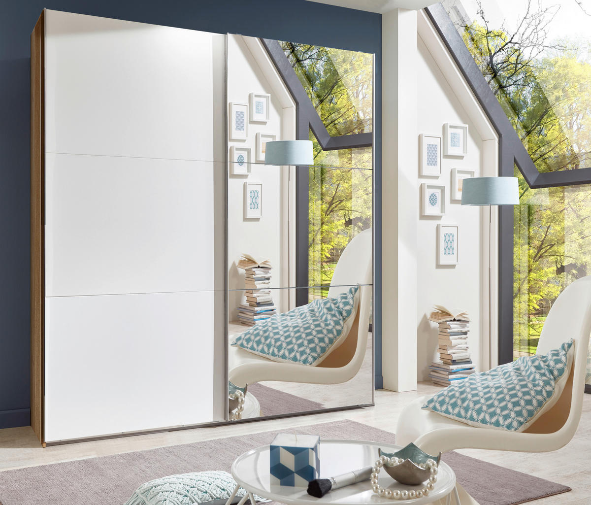 SCHWEBETÜRENSCHRANK 150/216/65 cm 2-türig Weiß, Plankeneiche  - Chromfarben/Plankeneiche, MODERN, Glas/Holzwerkstoff (150/216/65cm) - MID.YOU