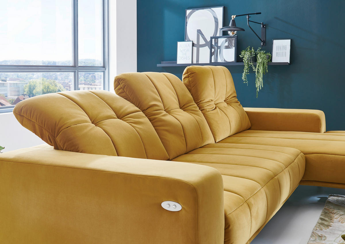 ECKSOFA in Velours Currygelb  - Currygelb/Schwarz, Design, Textil/Metall (195/293cm) - Beldomo Style