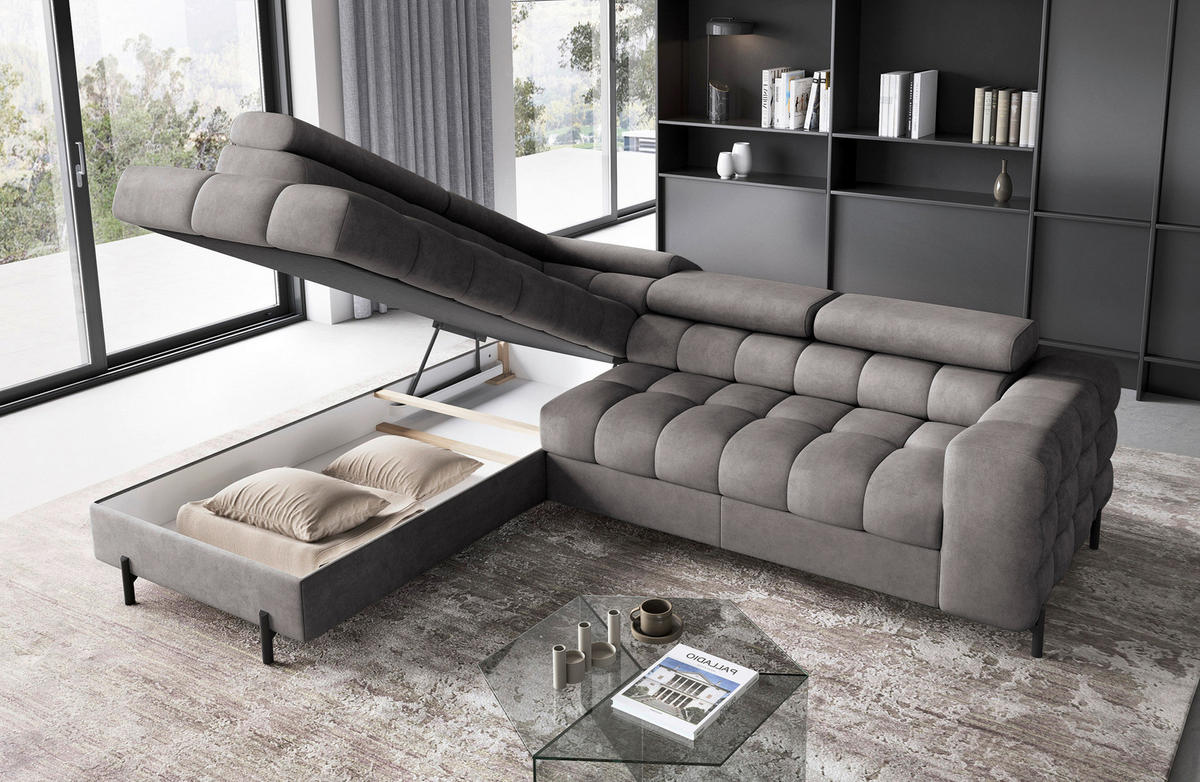 ECKSOFA FERUCCE in Chenille Grau  200/276 cm  - Schwarz/Grau, Design, Textil/Metall (200/276cm) - MID.YOU