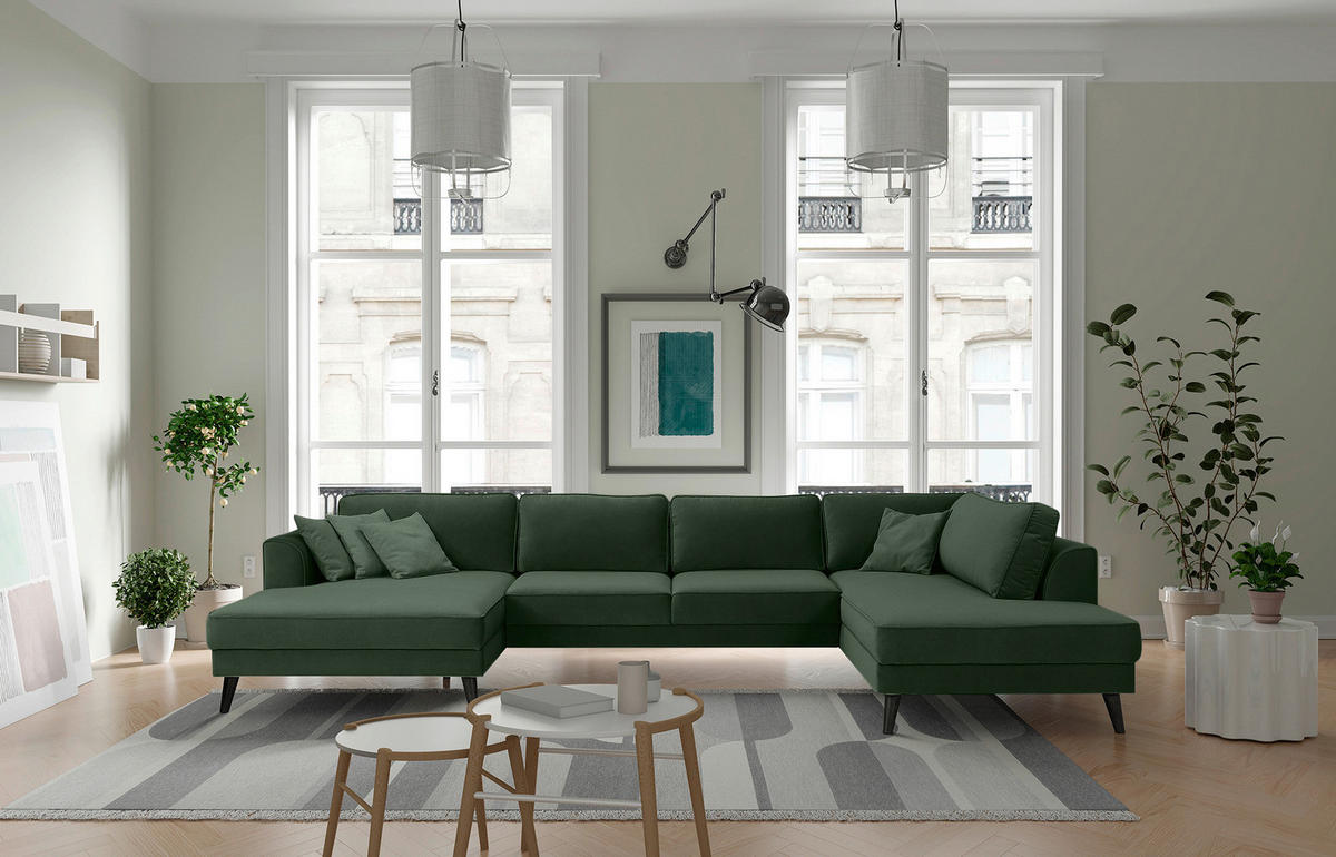 WOHNLANDSCHAFT in Velours Dunkelgrün  - Wengefarben/Dunkelgrün, Modern, Holz/Textil (169/348/201cm) - Trendmanufaktur