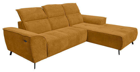 ECKSOFA Currygelb Cord Rücken echt, Kopfteilverstellung, Sitzvorzug  - Currygelb/Schwarz, KONVENTIONELL, Textil/Metall (290/196cm) - Carryhome
