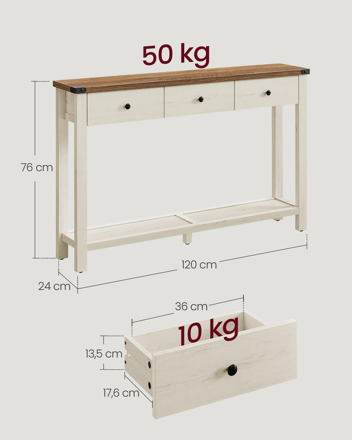 KONSOLENTISCH Weiß, Eichefarben  - Eichefarben/Schwarz, Trend, Holzwerkstoff/Metall (120/24/78cm) - Boxxx