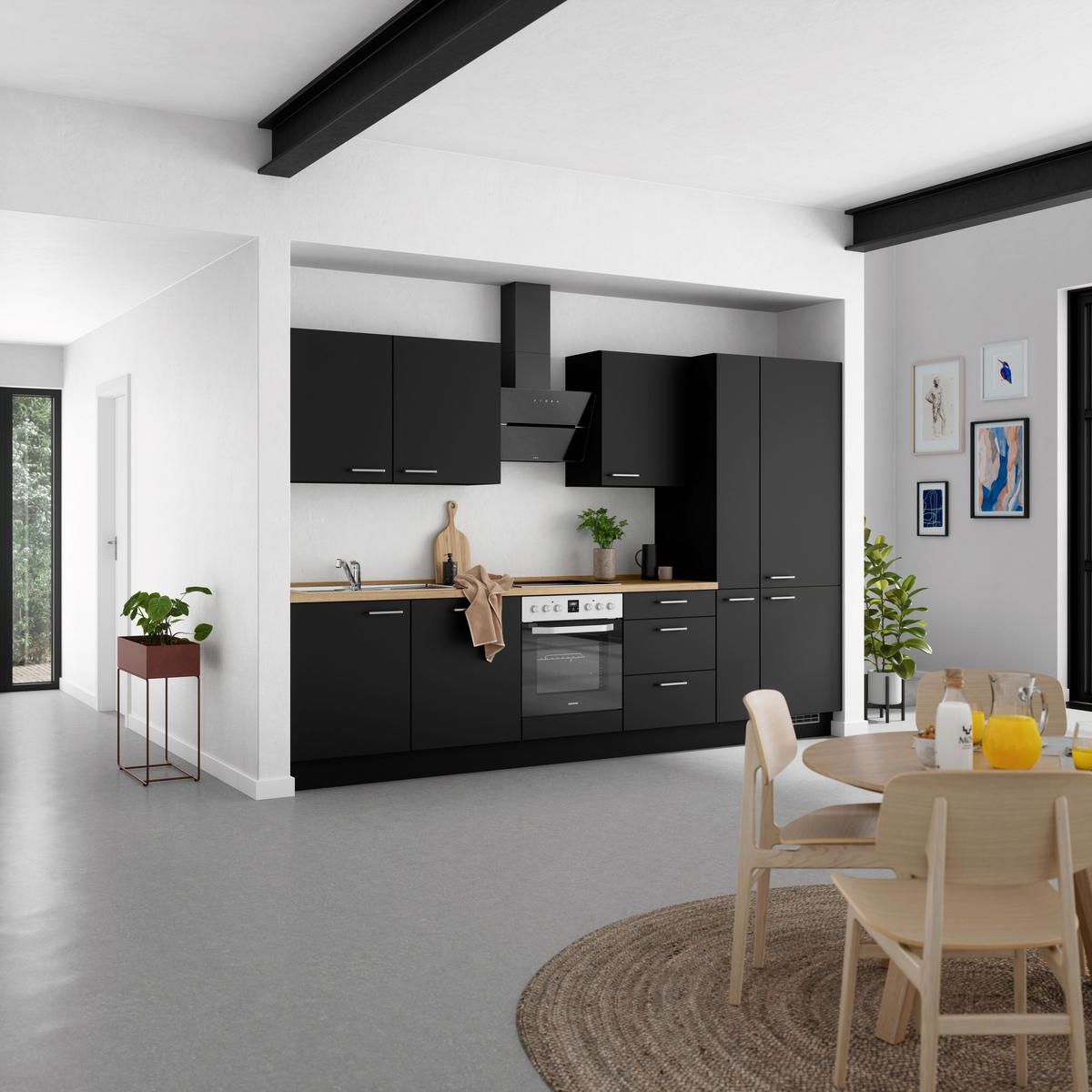 KÜCHENLEERBLOCK 330 cm   in Schwarz, Eichefarben  - Edelstahlfarben/Eichefarben, MODERN, Holzwerkstoff/Metall (330cm) - Nobilia