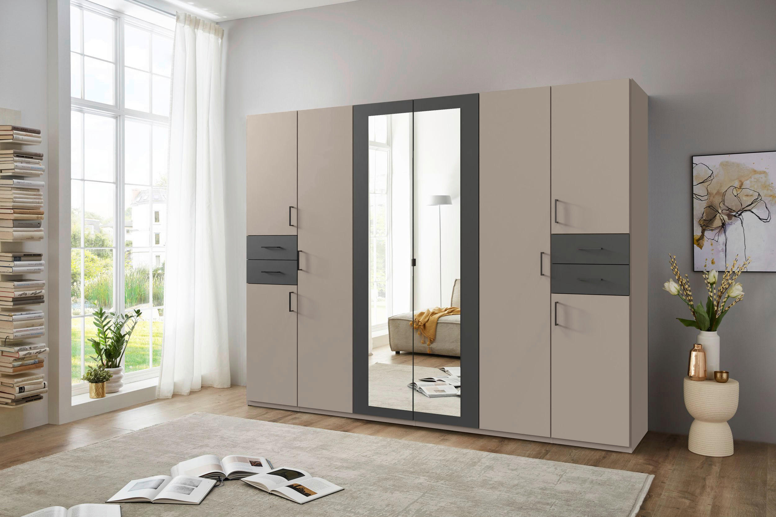 DREHTÜRENSCHRANK 270/208/58 cm 8-türig Sahara, Graphitfarben, Grau  - Graphitfarben/Schwarz, Basics, Glas/Holzwerkstoff (270/208/58cm) - MID.YOU