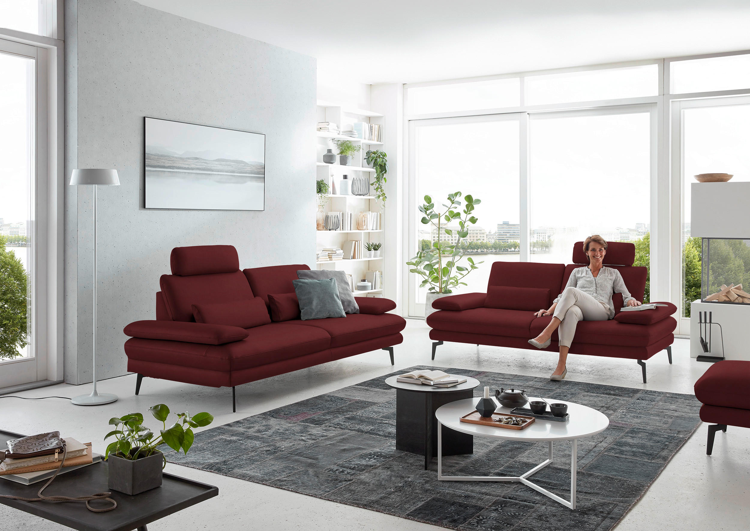 3-SITZER-SOFA in Echtleder Rot  - Rot/Schwarz, Design, Leder/Metall (222/86/104cm) - Dieter Knoll