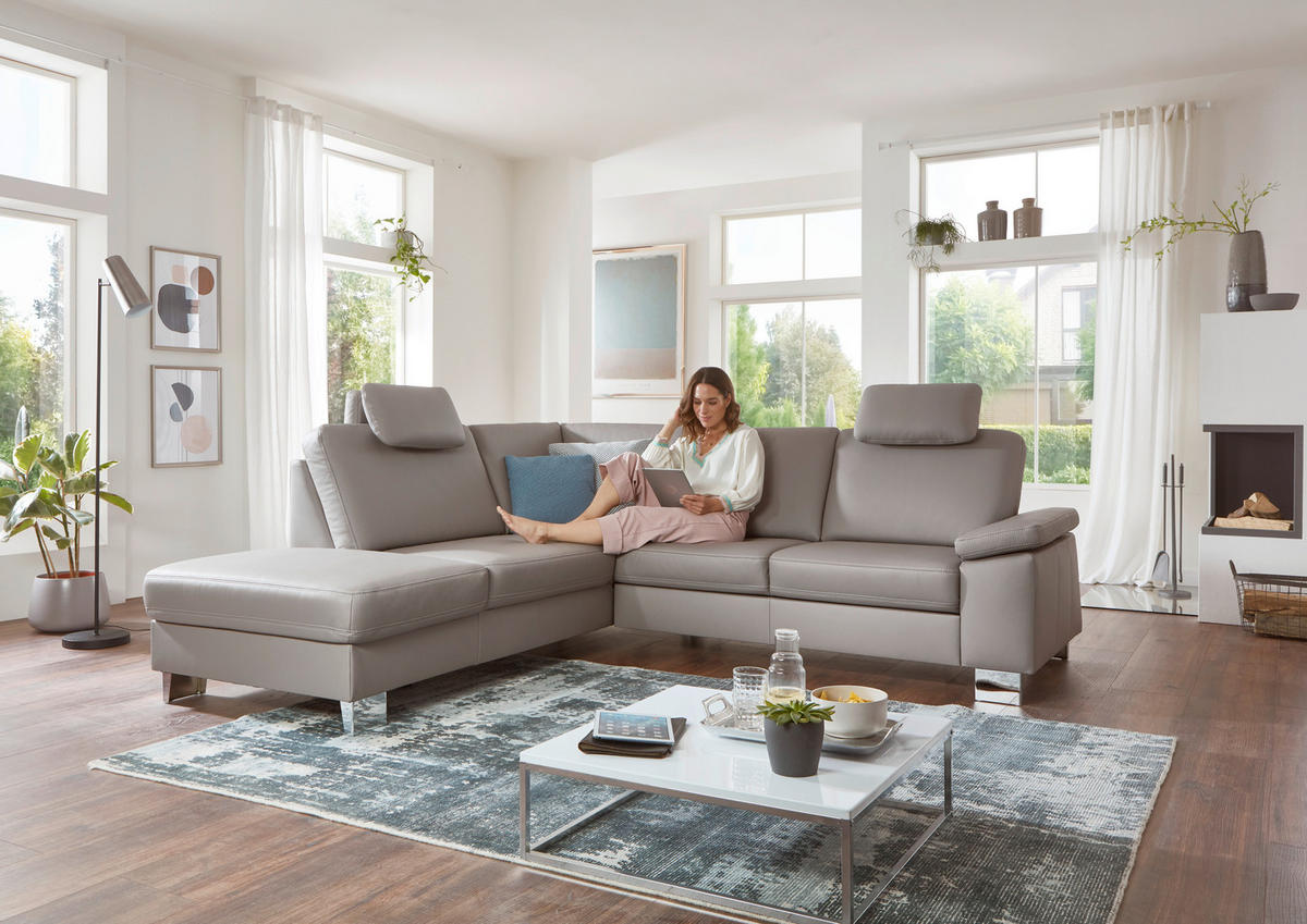 ECKSOFA in Echtleder Grau  235/248 cm  - Beige/Alufarben, Design, Leder/Metall (235/248cm) - Beldomo Premium