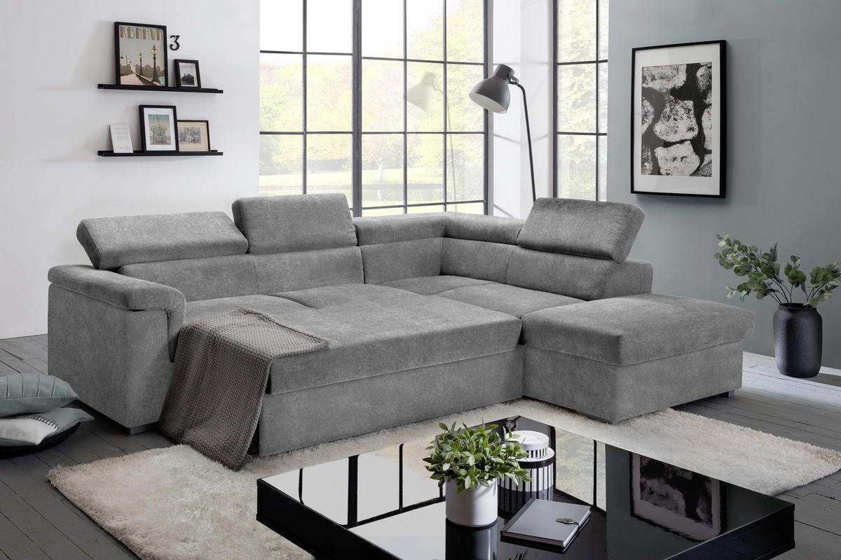 ECKSOFA Grau Flachgewebe  - Grau, Basics, Holz/Textil (252/217cm) - MID.YOU