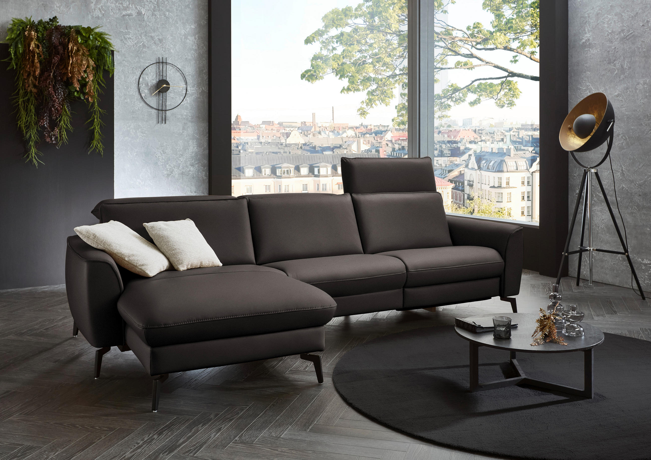 ECKSOFA in Echtleder Dunkelgrau  - Dunkelgrau/Schwarz, Natur, Leder/Metall (168/281cm) - Valdera