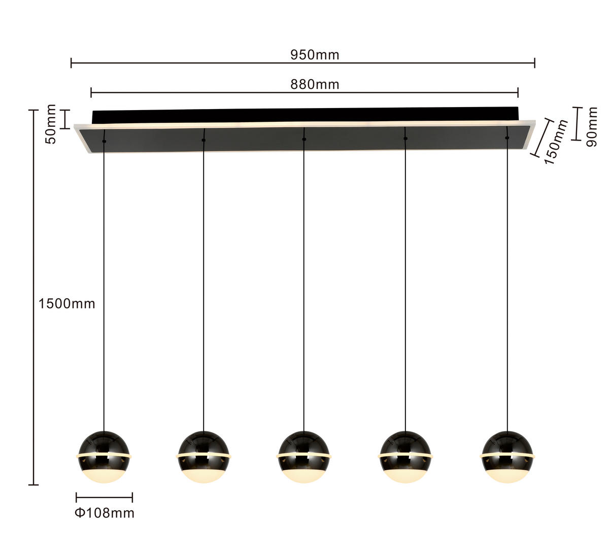 LED-HÄNGELEUCHTE Biarritz 95/150/15 cm  - Schwarzchrom, Design, Kunststoff/Metall (95/150/15cm)