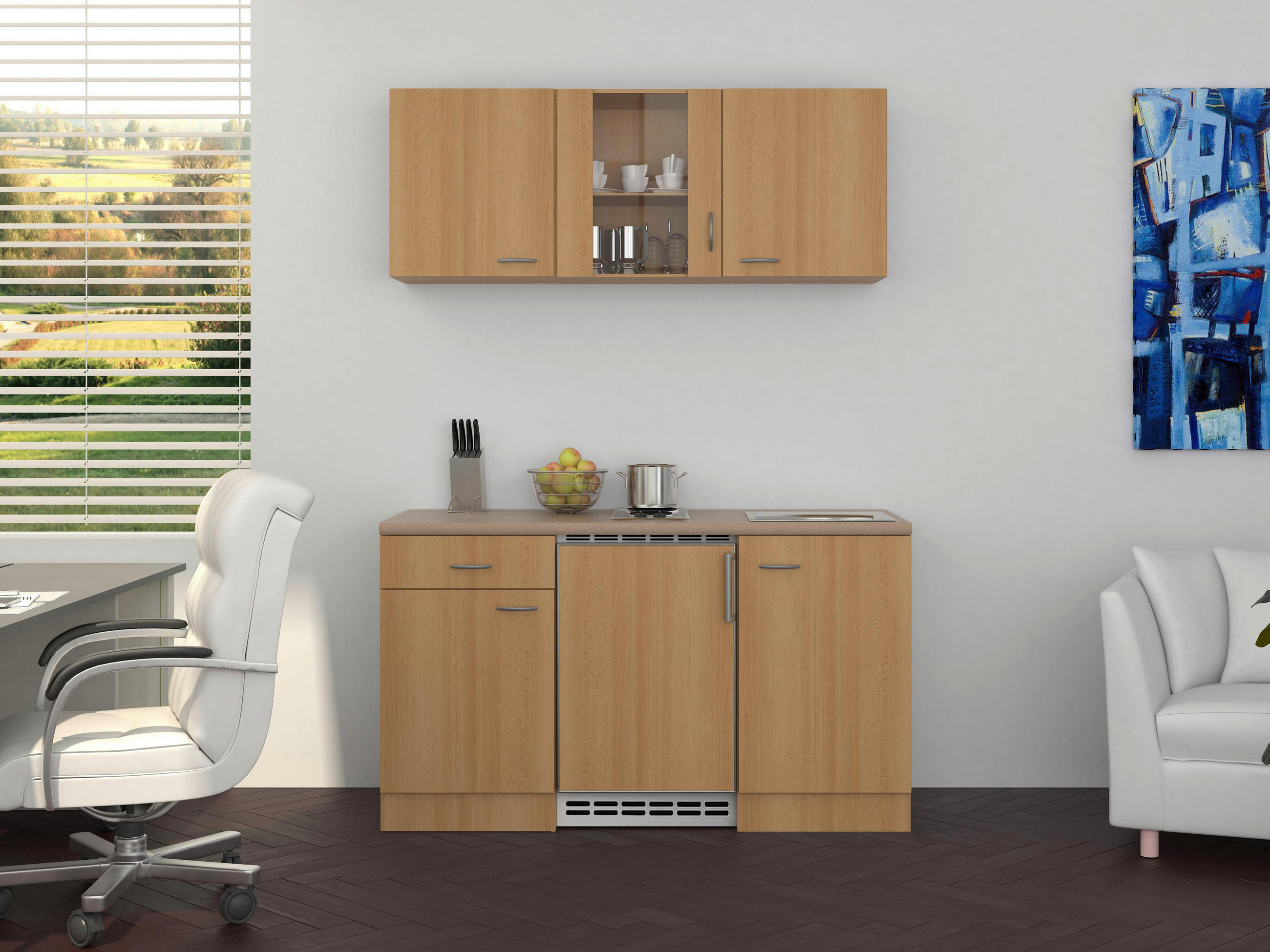 MINIKÜCHE 150 cm in Creme, Buchefarben, Edelstahlfarben - Edelstahlfarben/Buchefarben, MODERN, Glas (150cm) - MID.YOU