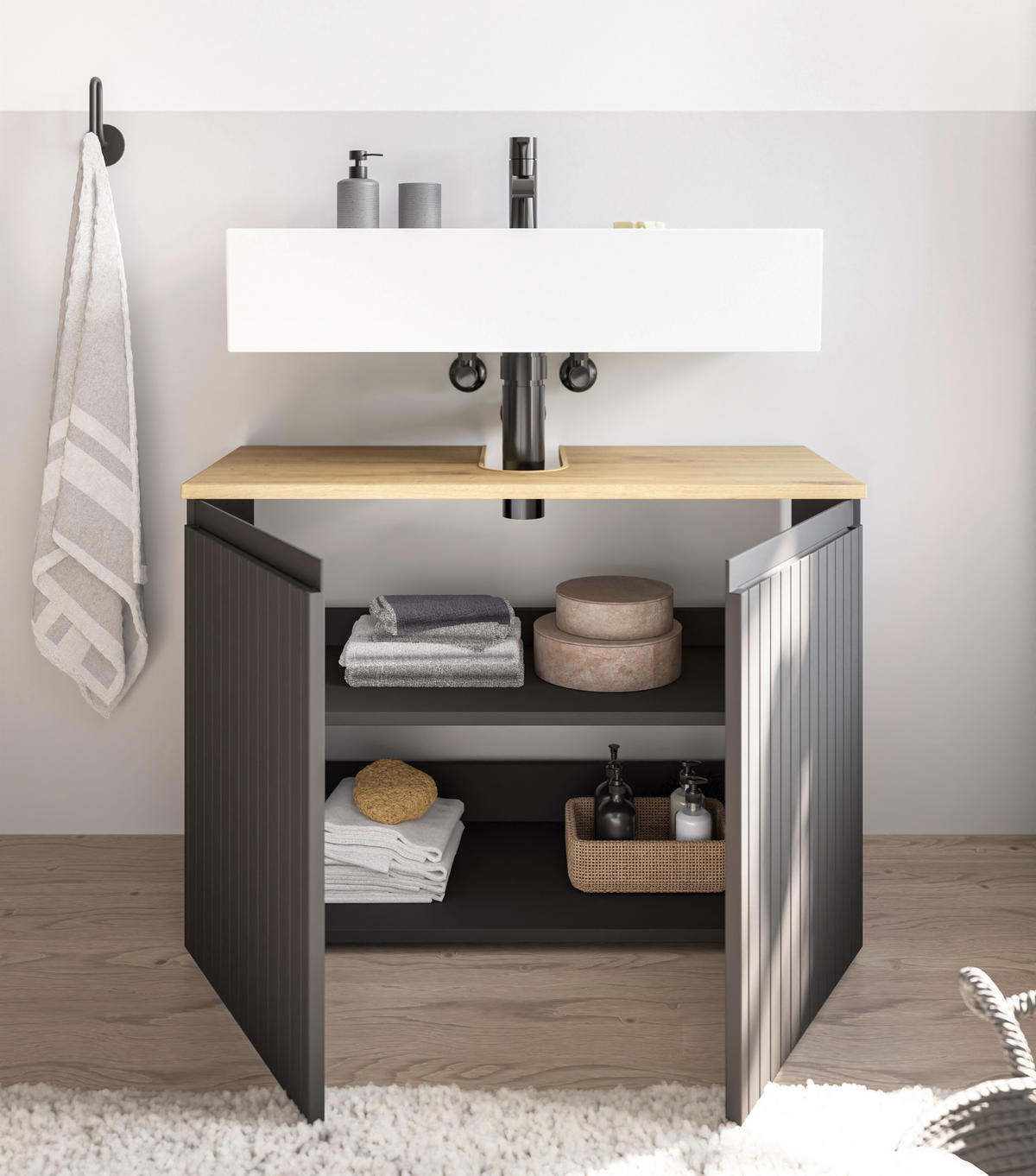 WASCHBECKENUNTERSCHRANK 80/57/36 cm  - Eichefarben/Schwarz, MODERN, Holzwerkstoff/Kunststoff (80/57/36cm) - MID.YOU