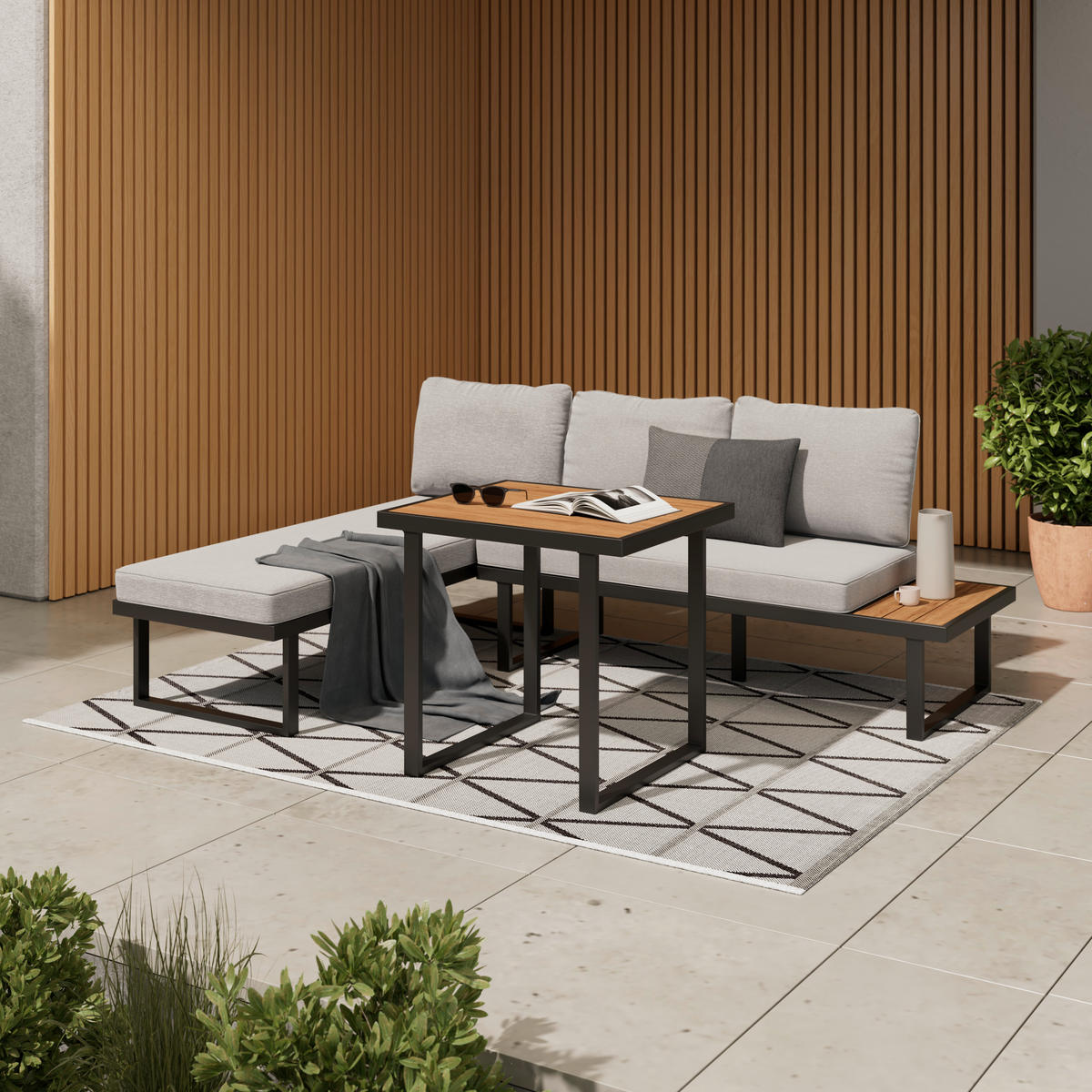 DINING-LOUNGESET Akazie vollmassiv Stahl  - Schwarz/Naturfarben, MODERN, Holz/Metall (152/58/67cm) - Ambia Garden