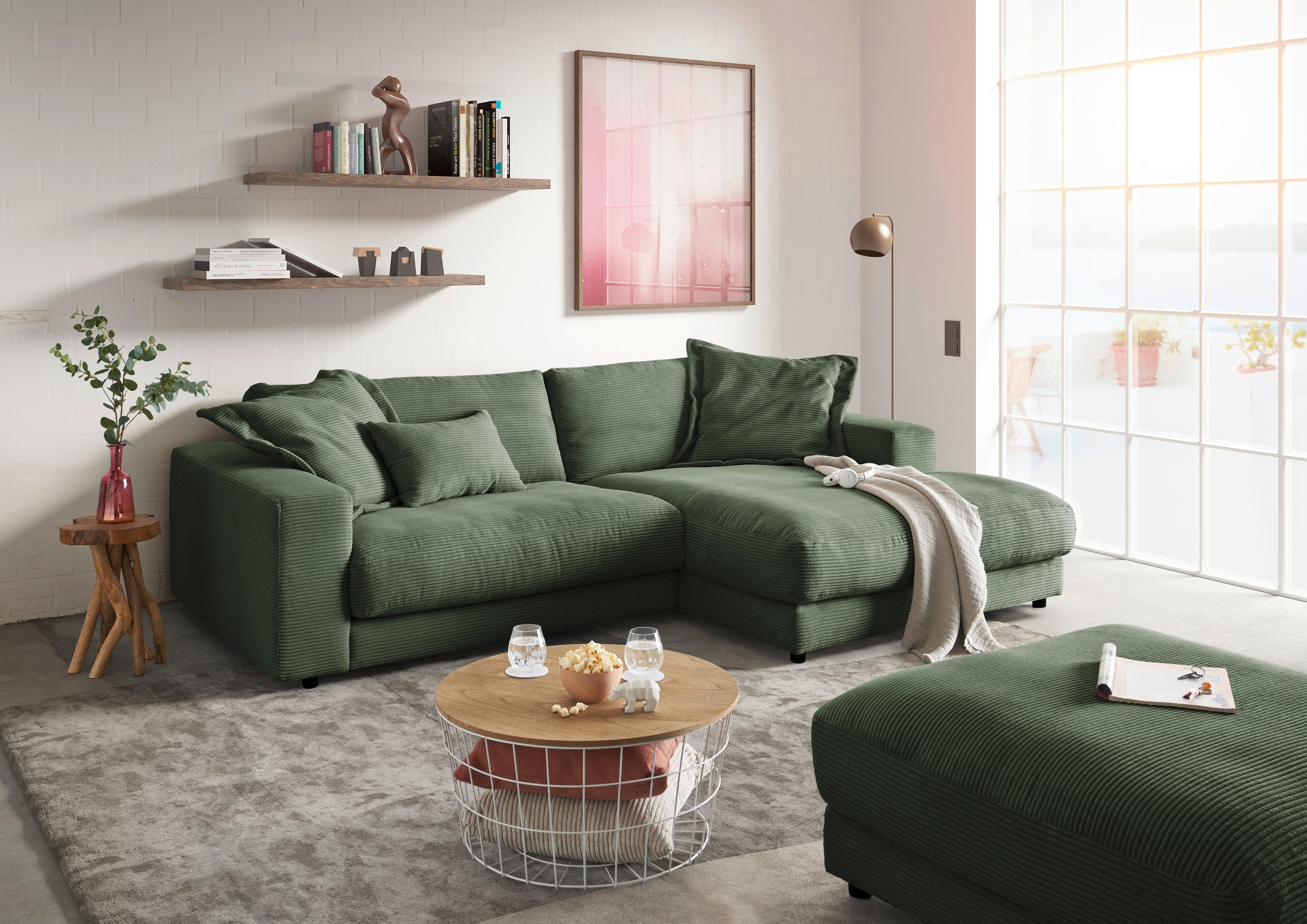ECKSOFA Grün Cord  - Schwarz/Grün, Design, Kunststoff/Textil (250/190cm) - Pure Home Lifestyle