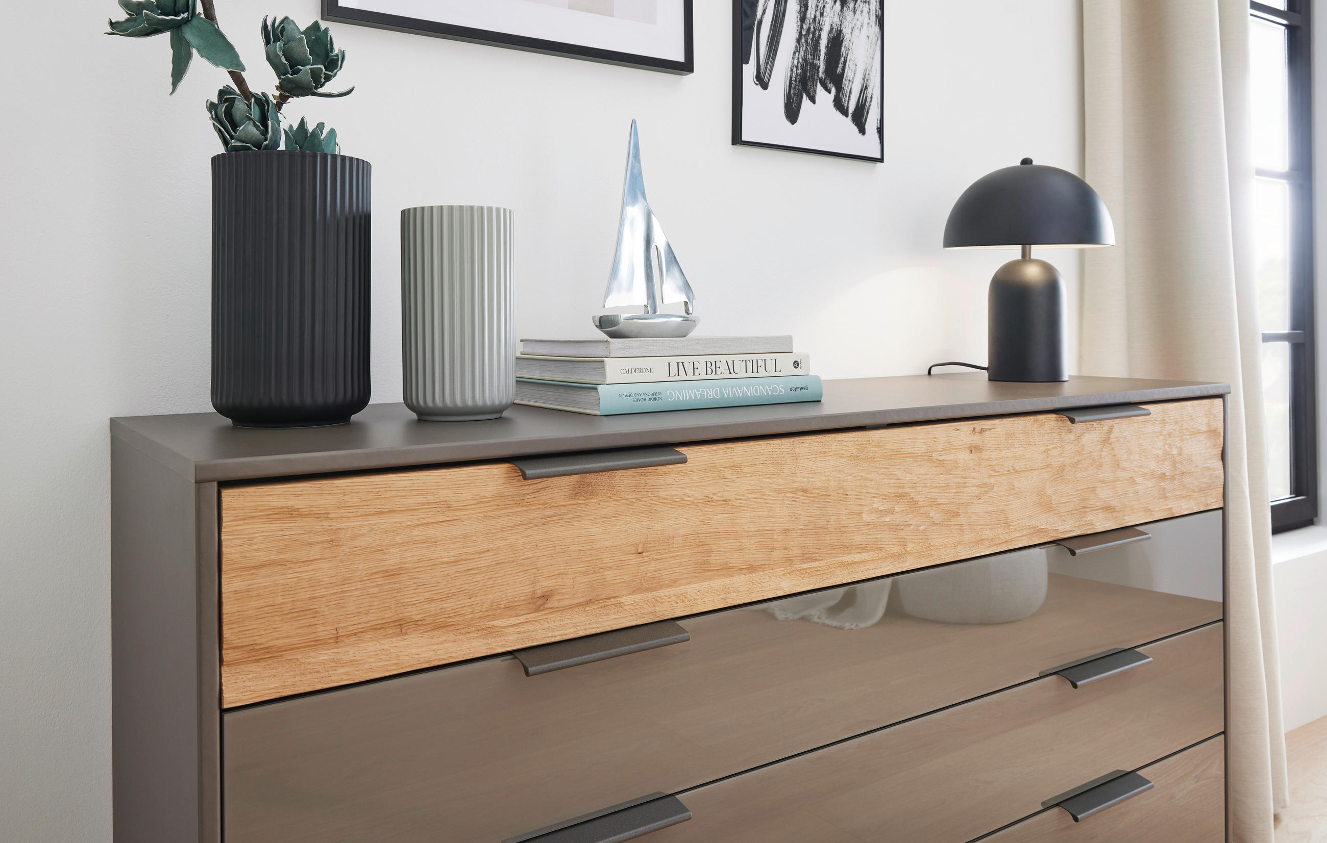 SIDEBOARD 141/89/43 cm  in Anthrazit, Eichefarben  - Schieferfarben/Eichefarben, Design, Glas/Holzwerkstoff (141/89/43cm) - Dieter Knoll