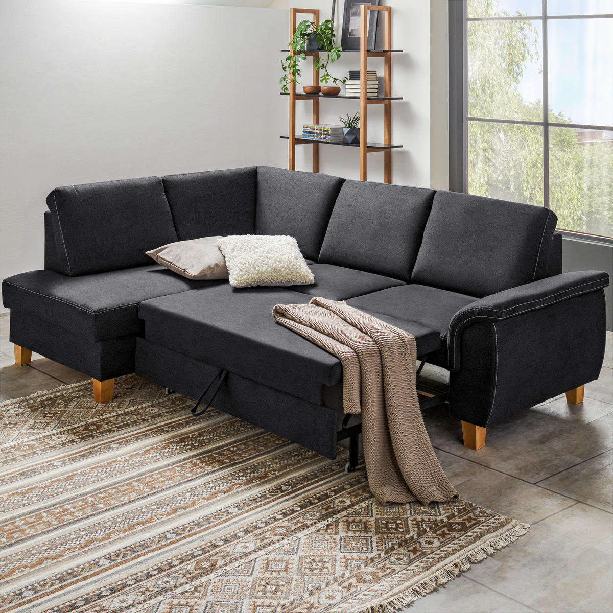 ECKSOFA in Flachgewebe Dunkelgrau  - Eichefarben/Dunkelgrau, Design, Holz/Textil (185/253cm) - Cantus