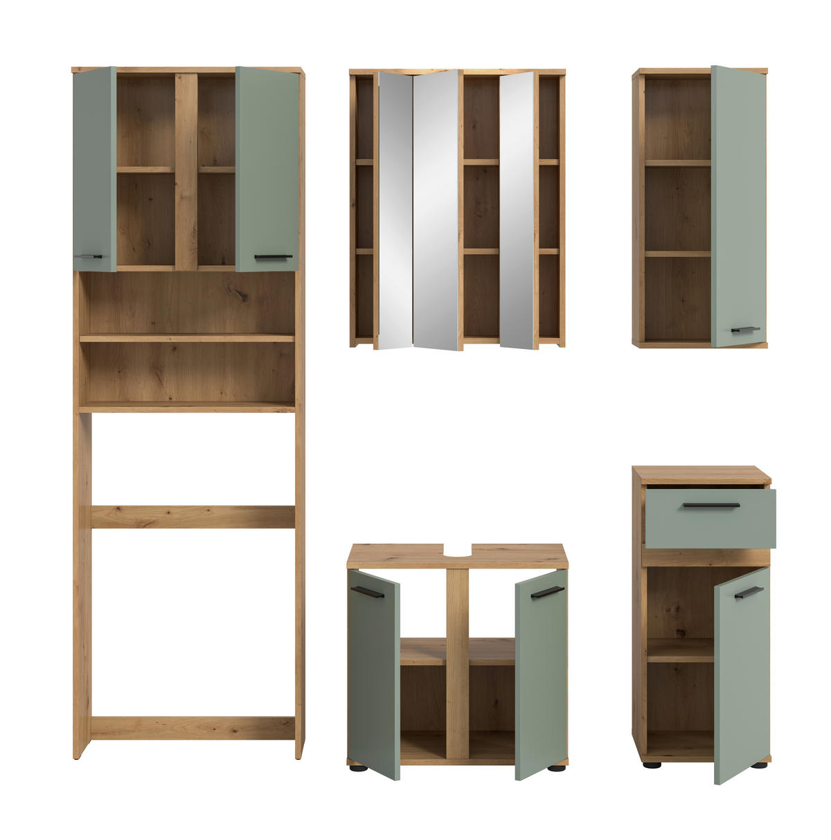 BADEZIMMER 5-teilig  in 188 cm  - Salbeigrün/Schwarz, Trend, Glas/Holzwerkstoff (188cm) - MID.YOU