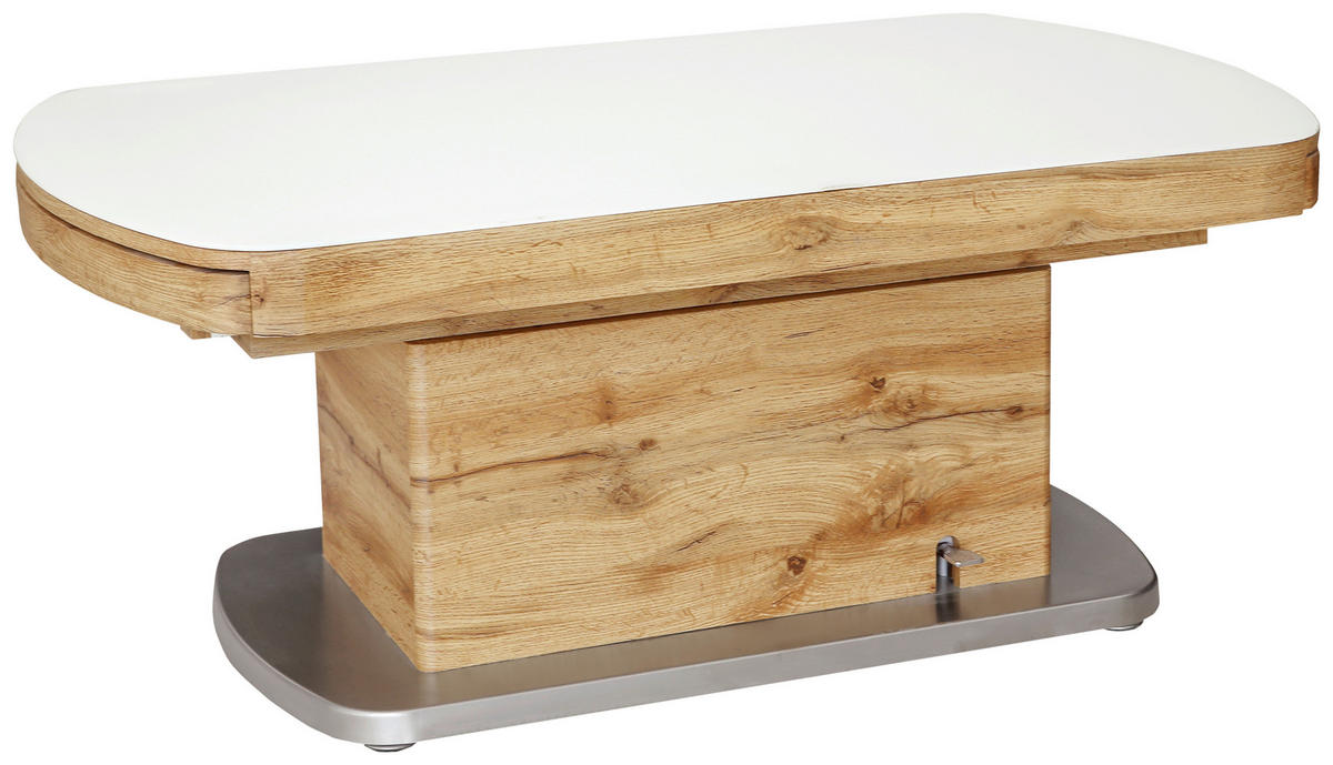 COUCHTISCH ESG 120-180/75/50-78 cm oval Weiß, Eichefarben, Edelstahlfarben  - Edelstahlfarben/Eichefarben, Design, Glas/Holzwerkstoff (120-180/75/50-78cm) - Novel