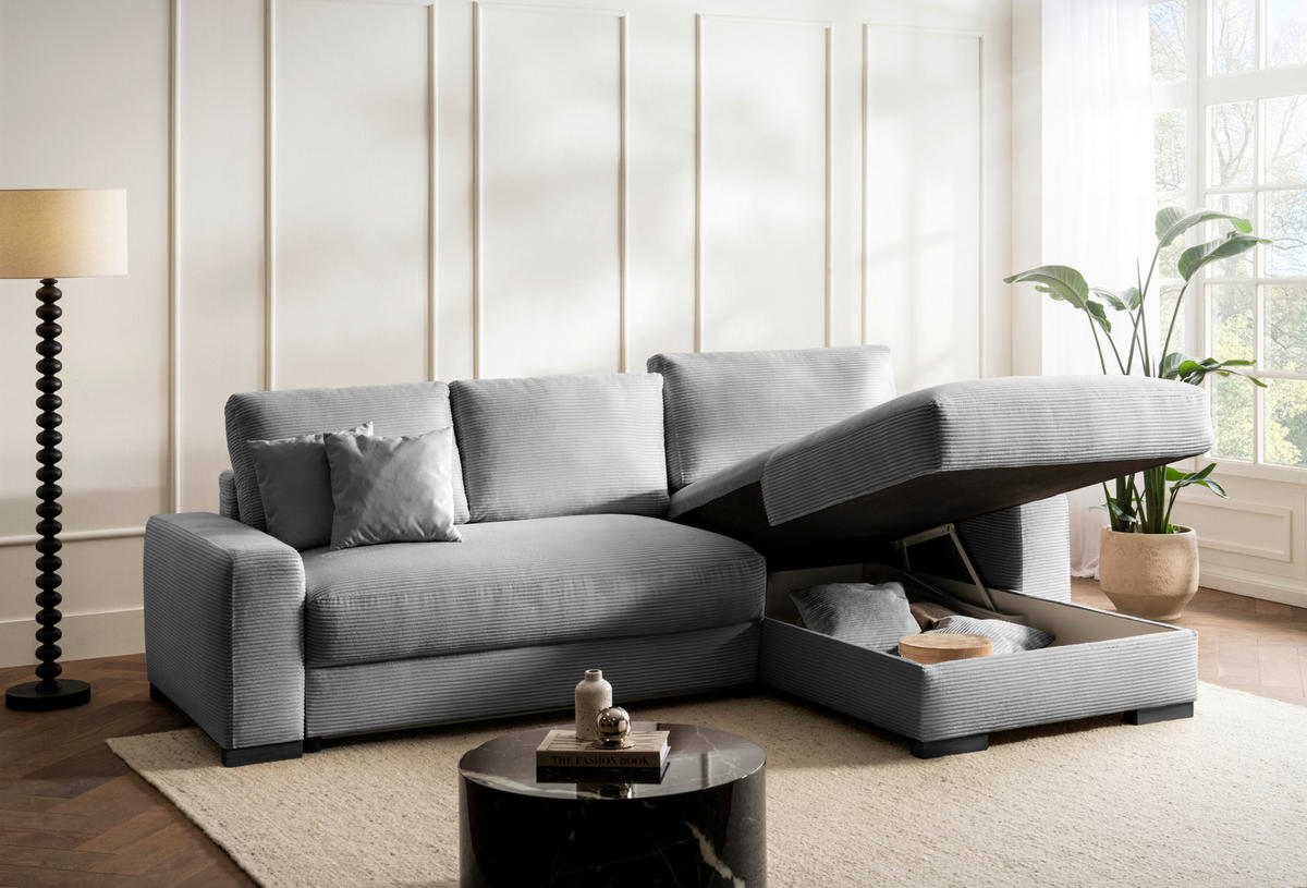ECKSOFA in Cord Hellgrau  - Hellgrau/Schwarz, Design, Holz/Textil (264/184cm) - Stylife