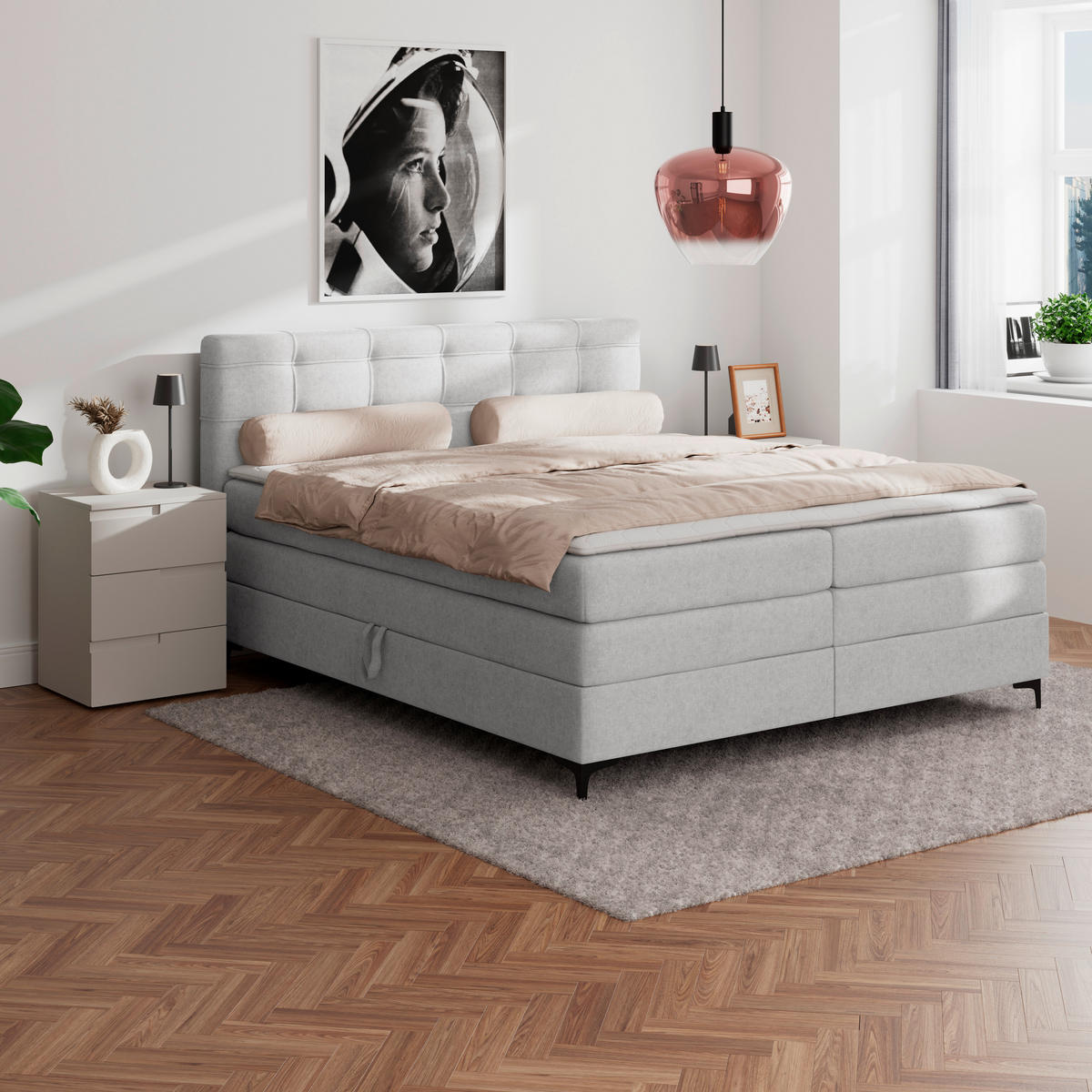 BOXSPRINGBETT 200/200 cm,  in Silberfarben, H3 = fest  - Silberfarben/Schwarz, KONVENTIONELL, Kunststoff/Textil (200/200cm)