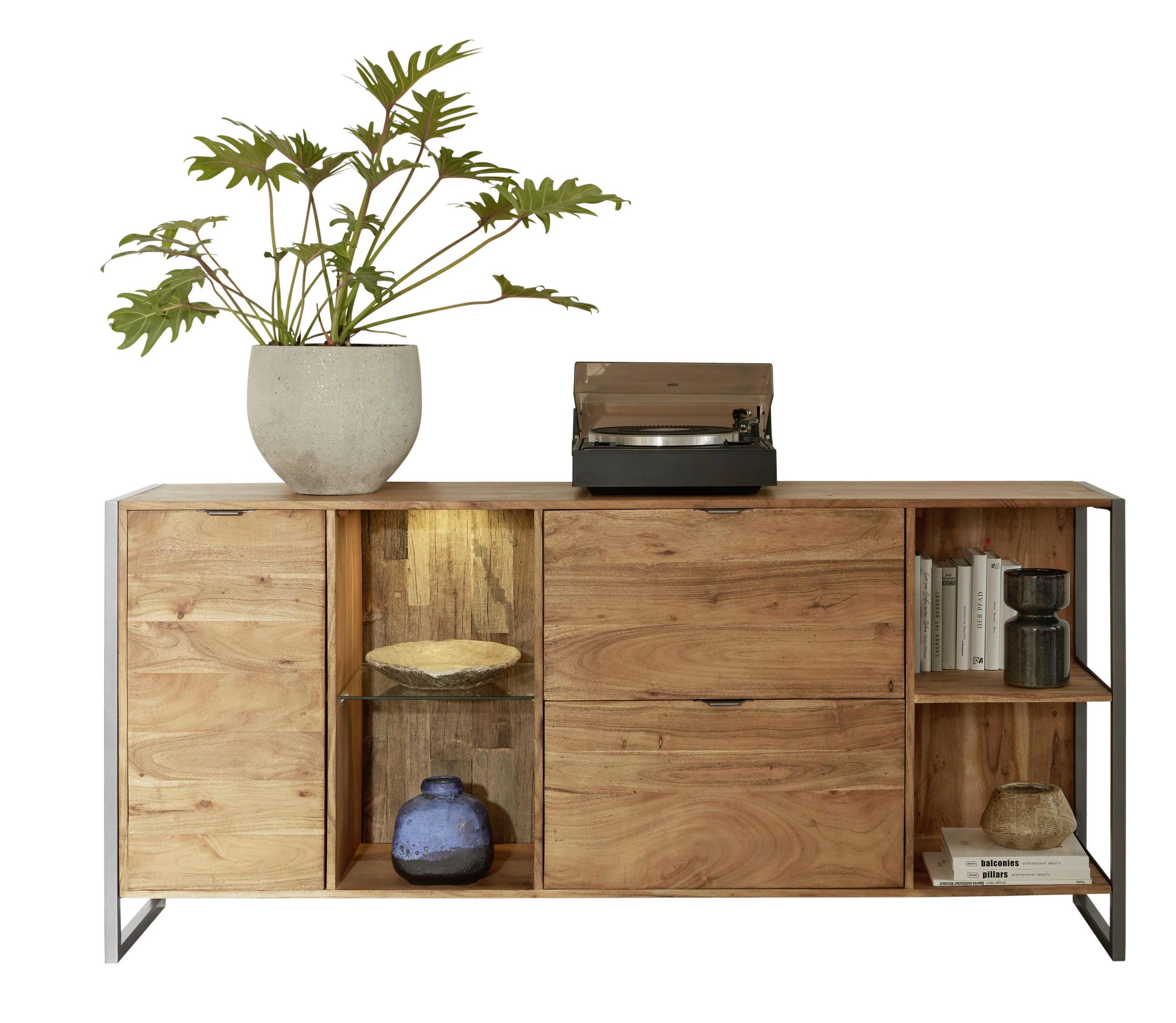 SIDEBOARD Akazie vollmassiv Akaziefarben Beleuchtung, Trafo - Anthrazit/Akaziefarben, Basics, Glas/Holz (180/82/40cm) - Livetastic