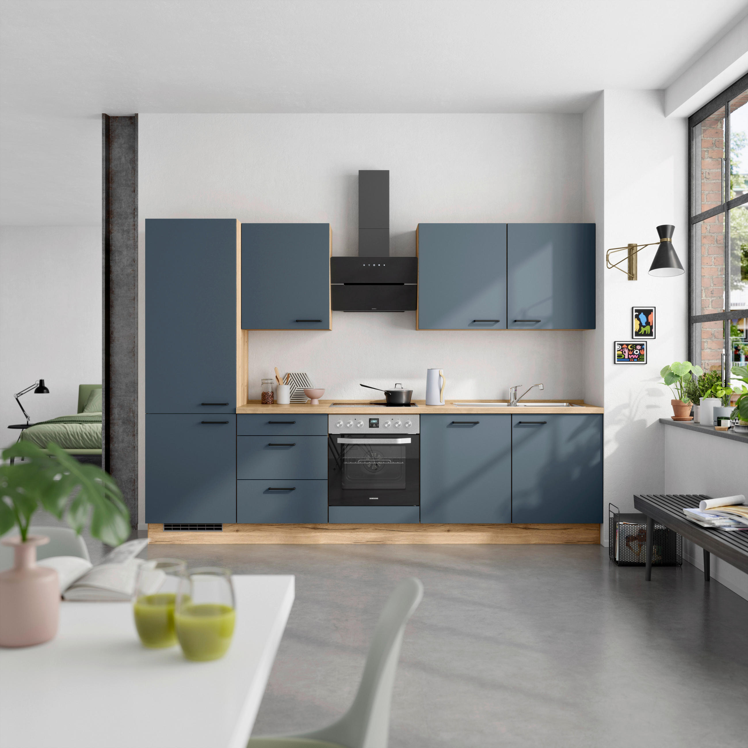 KÜCHENBLOCK 300 cm   in Eichefarben, Dunkelblau  - Eichefarben/Schwarz, MODERN, Holzwerkstoff/Metall (300cm) - Nobilia