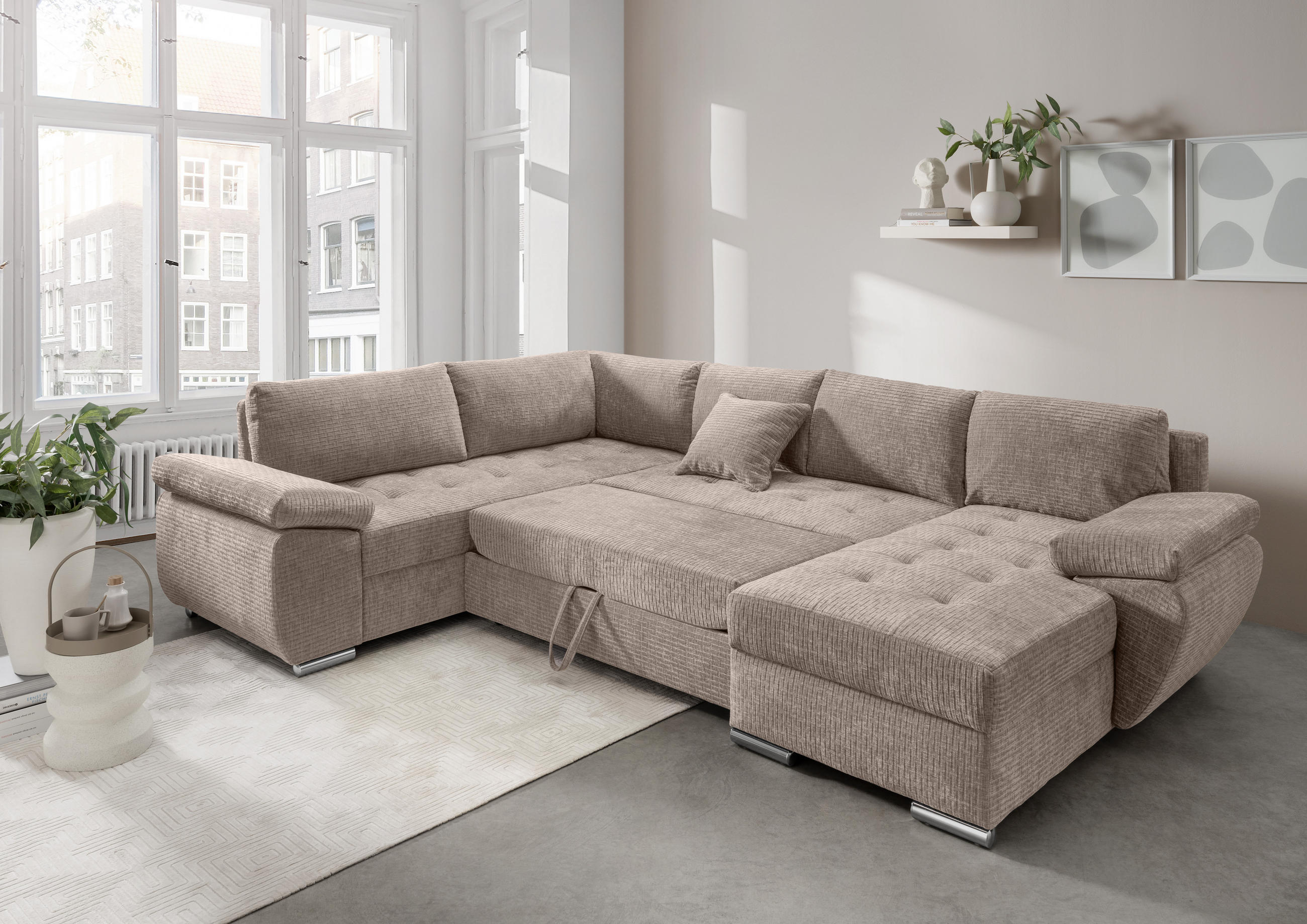 Wohnlandschaft in Mikrofaser Beige  - Chromfarben/Beige, KONVENTIONELL, Textil (219/305/157cm) - Livetastic