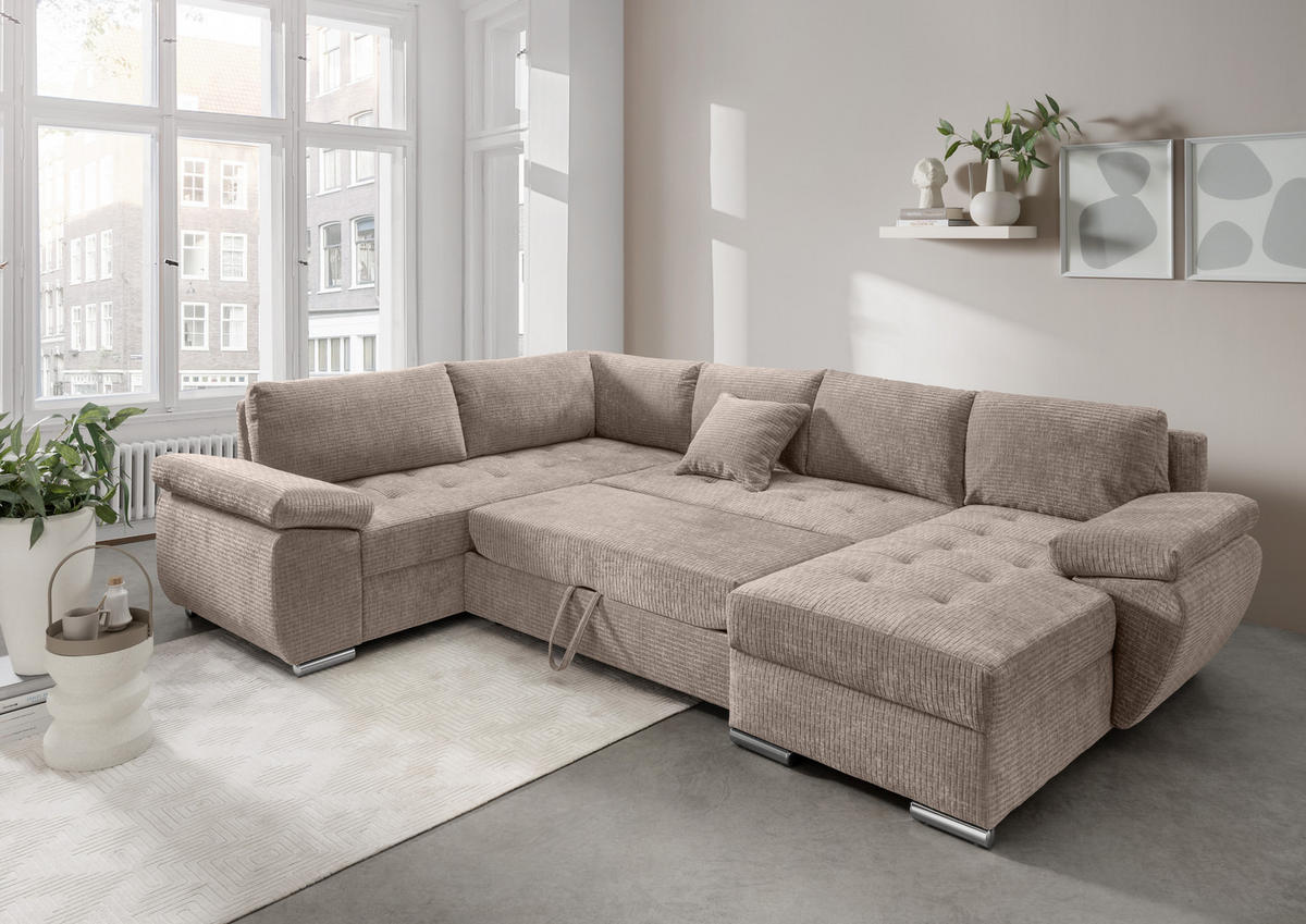 Wohnlandschaft Beige Mikrofaser  - Chromfarben/Beige, KONVENTIONELL, Textil (219/305/157cm) - Livetastic