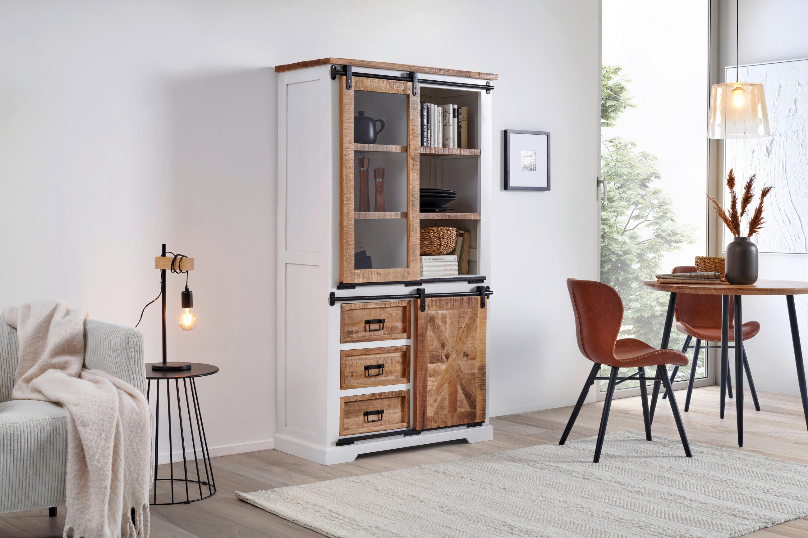 VITRINE in massiv Mangoholz Weiß, Schwarz, Naturfarben - Schwarz/Naturfarben, LIFESTYLE, Holz/Holzwerkstoff (100/180/45cm) - MID.YOU