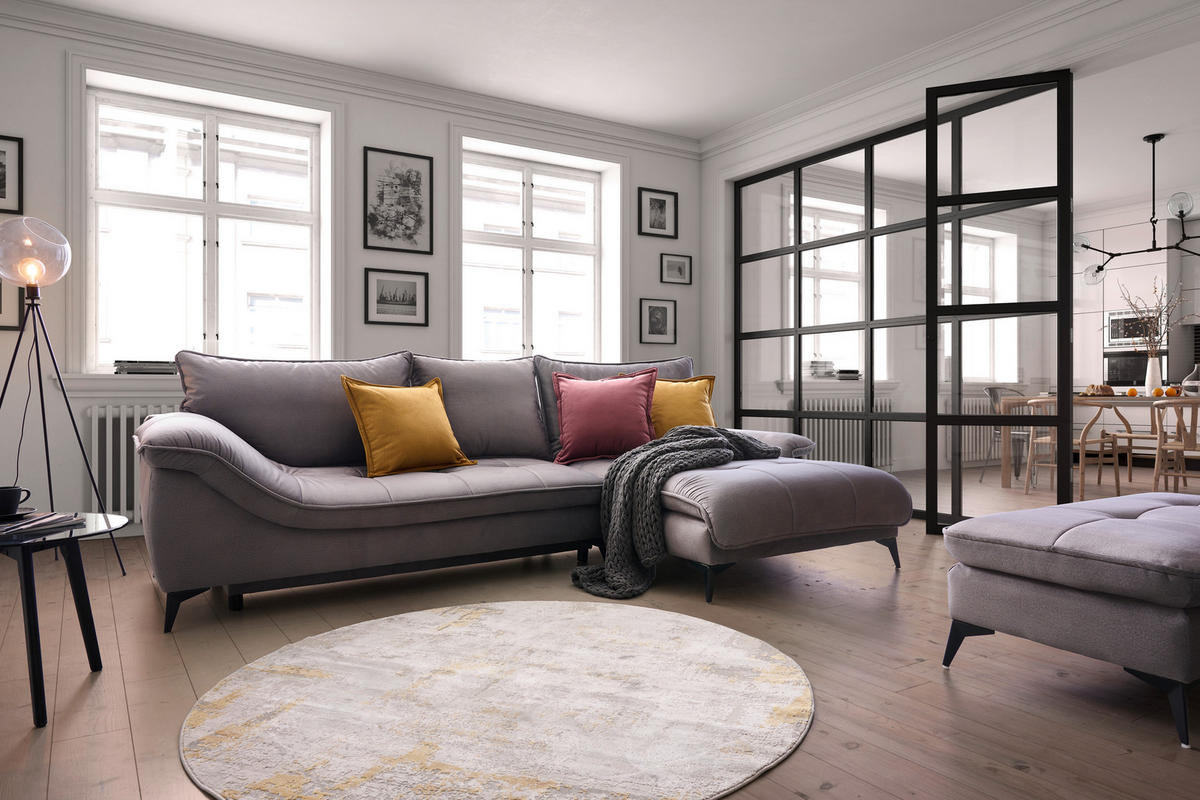 ECKSOFA in Velours Grau  - Schwarz/Grau, Design, Textil/Metall (304/175cm) - Stylife