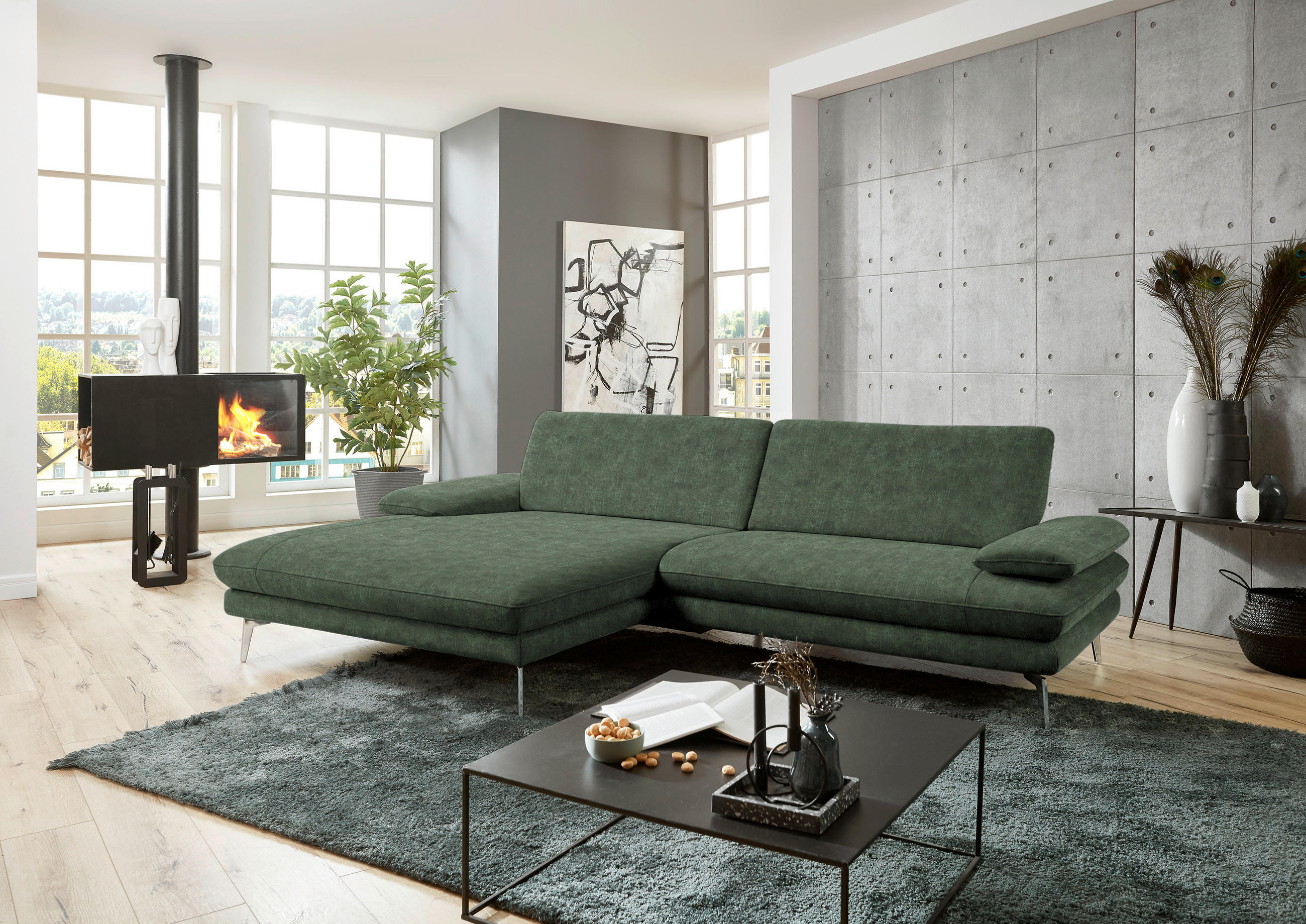 ECKSOFA in Velours Olivgrün  - Schwarz/Olivgrün, Design, Textil/Metall (184/284cm) - Dieter Knoll