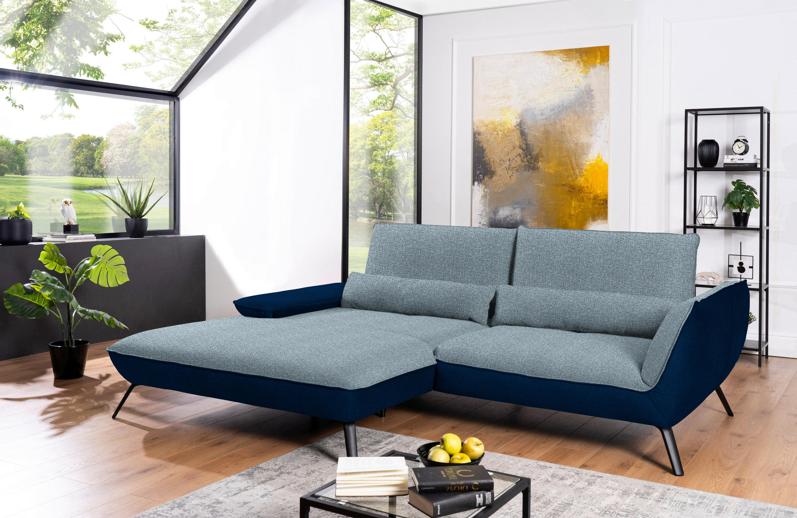 ECKSOFA in Flachgewebe Blau  - Blau/Schwarz, Design, Textil/Metall (191/273cm) - Moderano