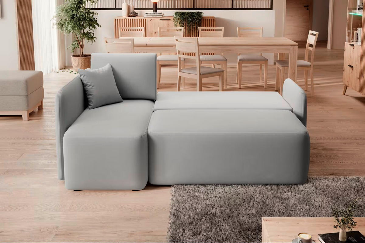 ECKSOFA Hellgrau Plüsch  - Hellgrau/Schwarz, Design, Kunststoff/Textil (150/206cm) - MID.YOU