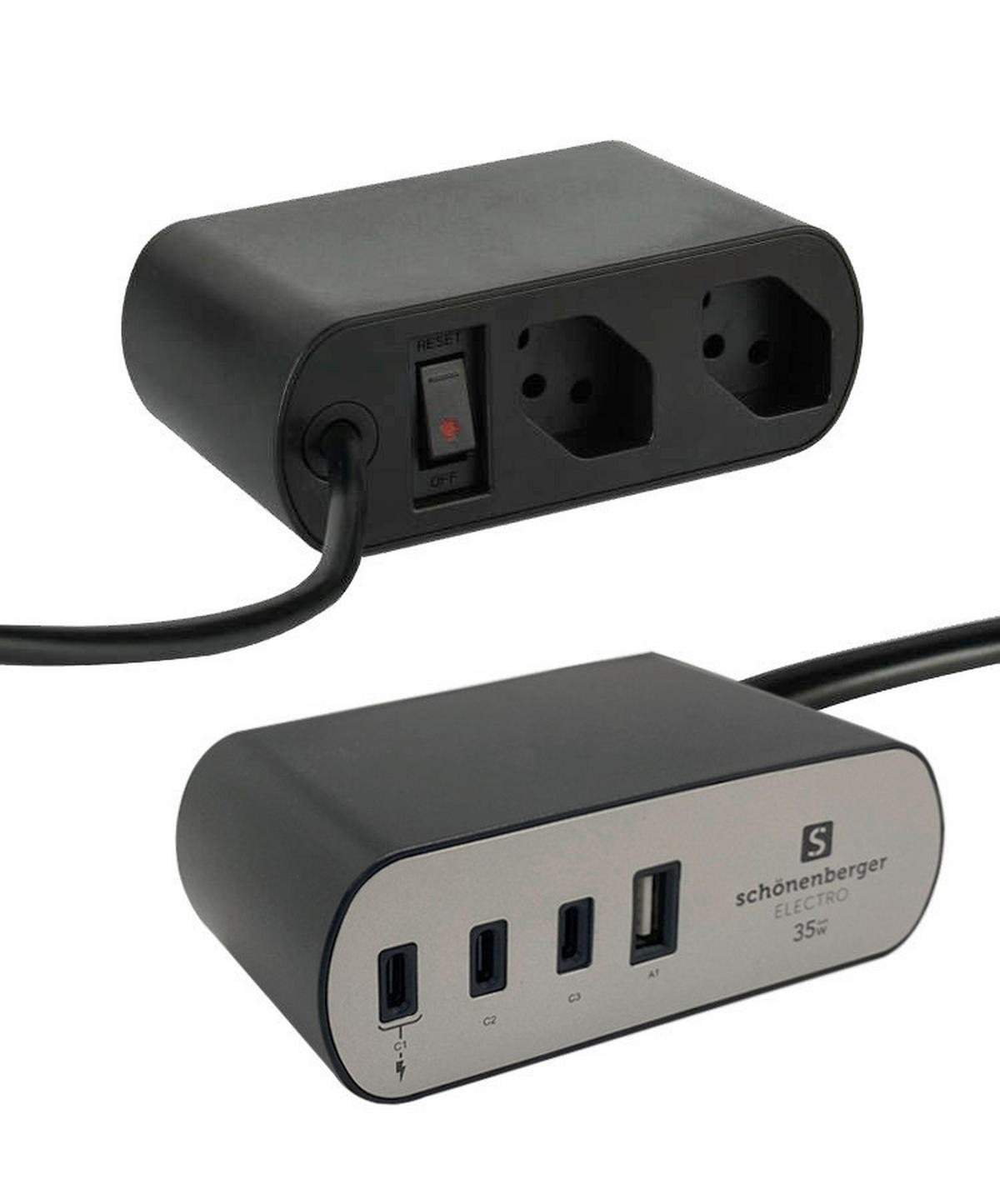 STECKDOSENLEISTE - Silberfarben/Schwarz, Basics, Kunststoff (12/4,5/7,1cm) - Eglo