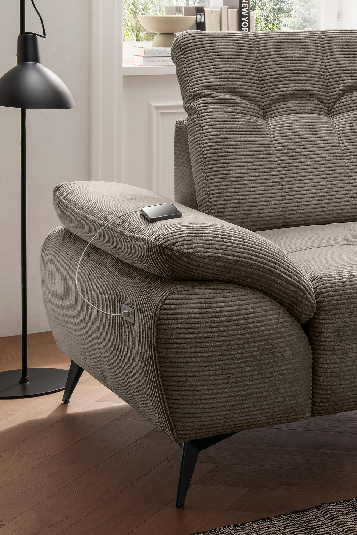 ECKSOFA FIORE in Cord Graubraun Kopfteilverstellung, Sitzvorzug  280/180 cm  - Graubraun/Schwarz, MODERN, Textil/Metall (280/180cm) - Livetastic