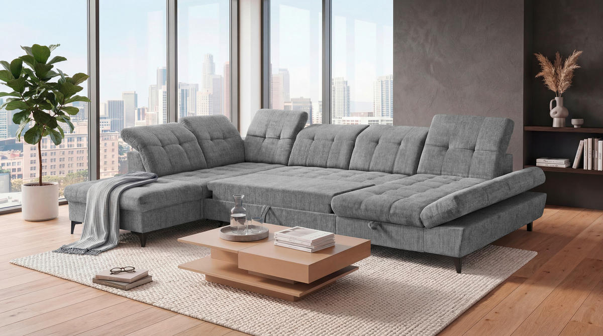 WOHNLANDSCHAFT MERCY Grau Mikrovelours  - Schwarz/Grau, MODERN, Kunststoff/Textil (245/348/168cm) - MID.YOU