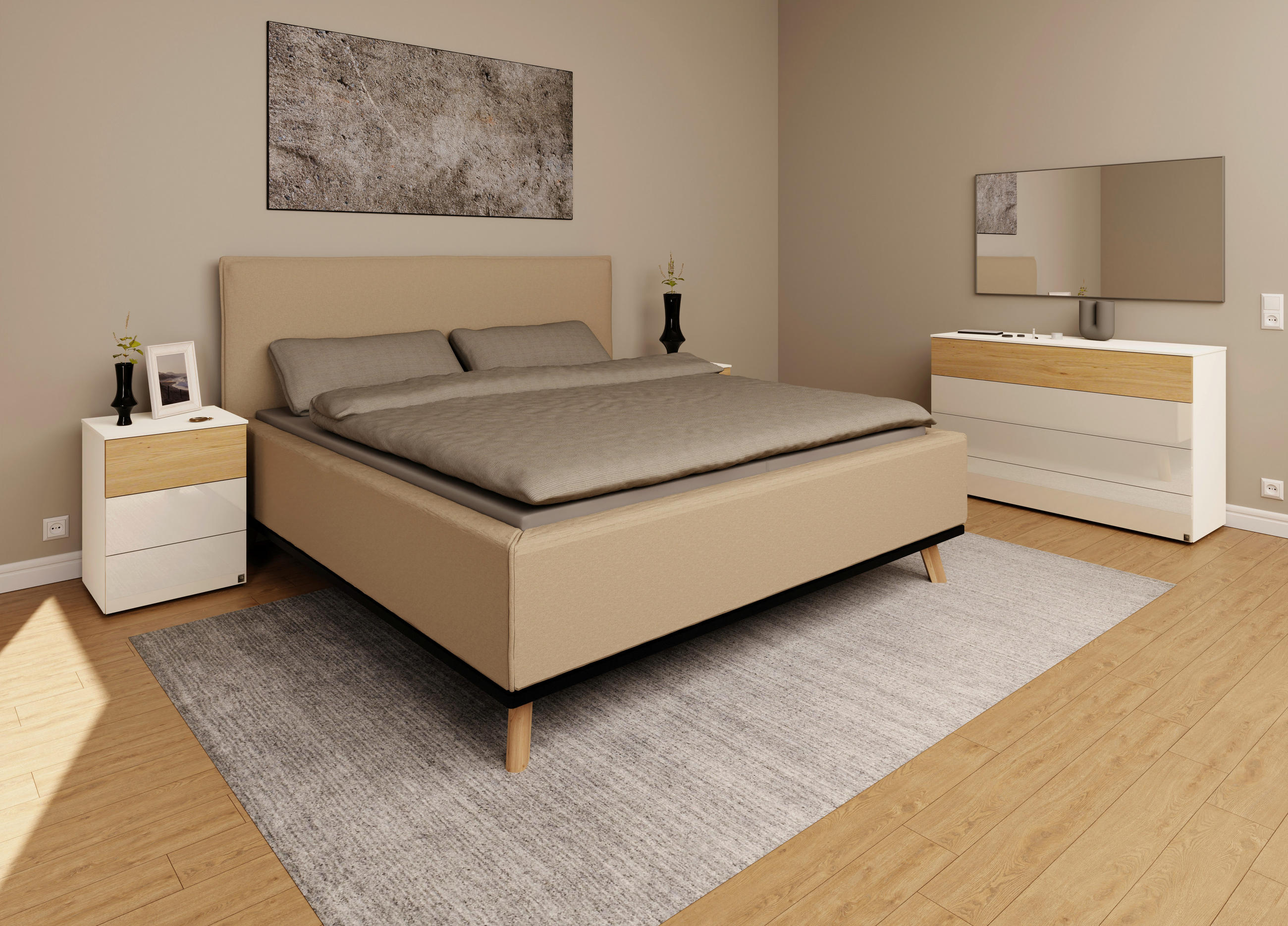 POLSTERBETT Matratze, Lattenrost, Bettkasten 180/200 cm  in Beige  - Eichefarben/Beige, Design, Holz/Textil (180/200cm) - Musterring